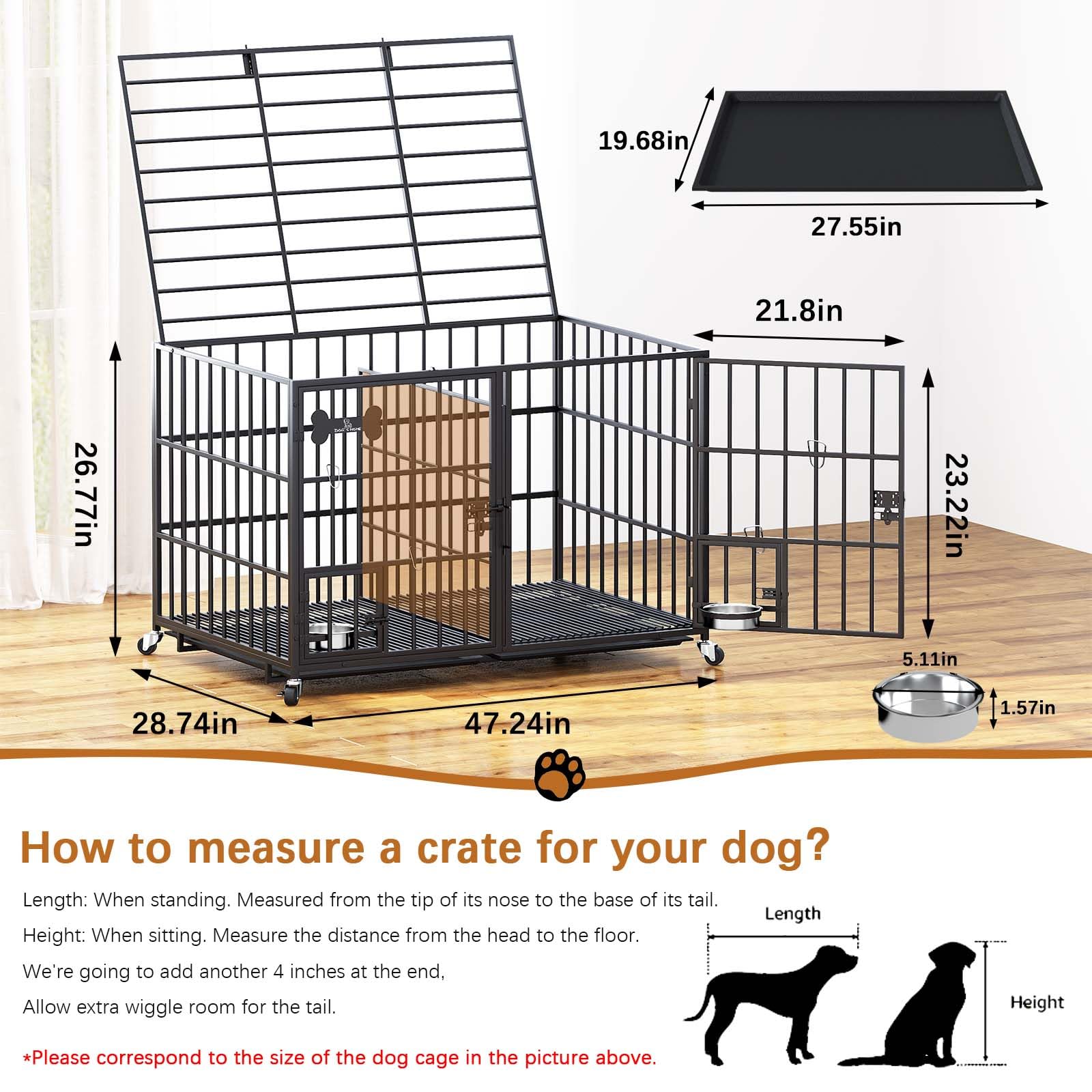 Aboxoo 48/42 Inch Xl Dog Crate For Large Dog/Double Medium Dogs,Heavy Duty Metal Dog Cages,All Metal Open Top,Dog Kennel Indoor