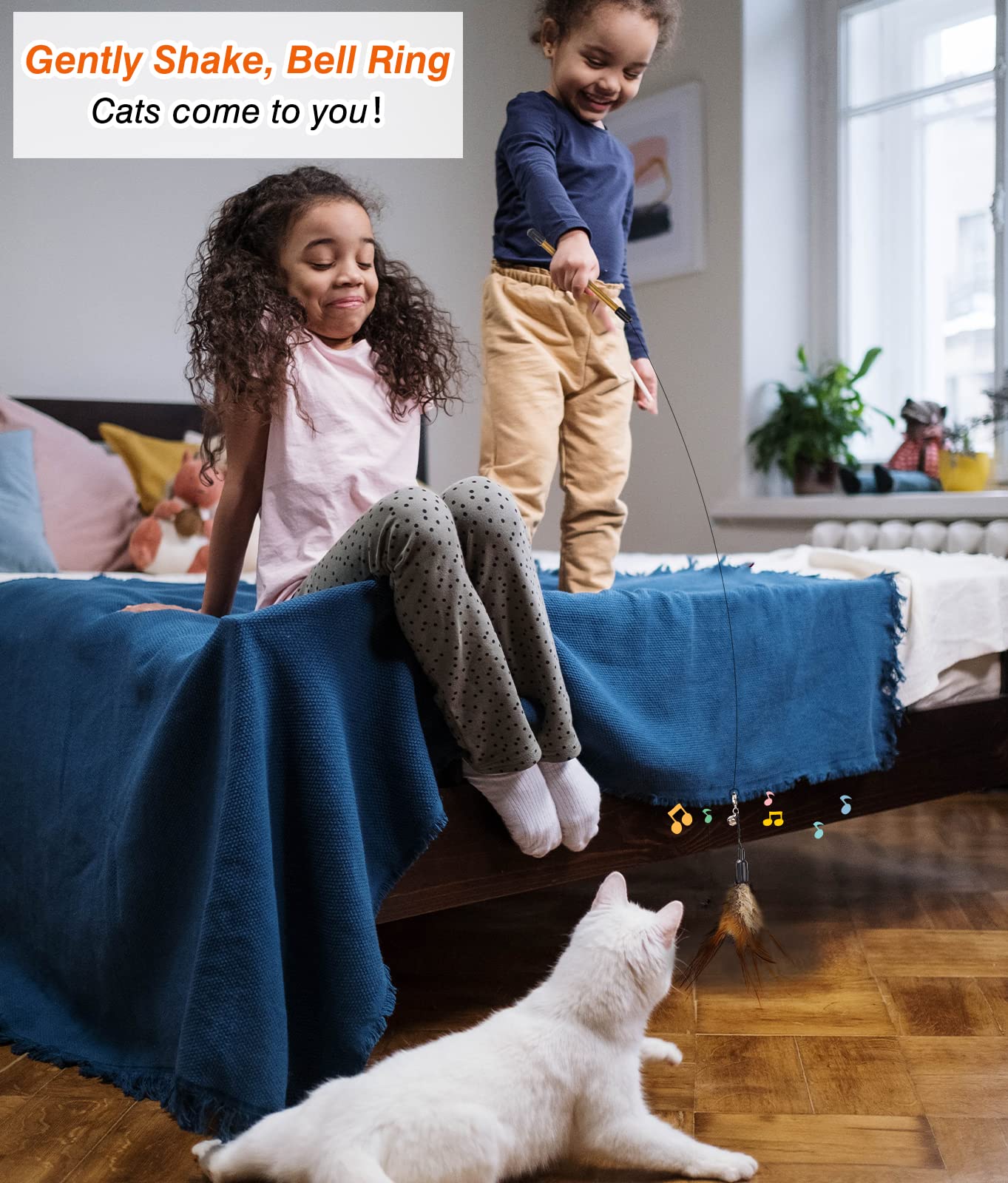 Pawaboo Feather Teaser Cat Toy, Interactive Feather Wand Cat Toy Flying Feather Cat Catcher With Extra Long 34.5' Wand And Small Bell, Fun Exerciser Playing Toy For Kitten Or Cat, White & Green