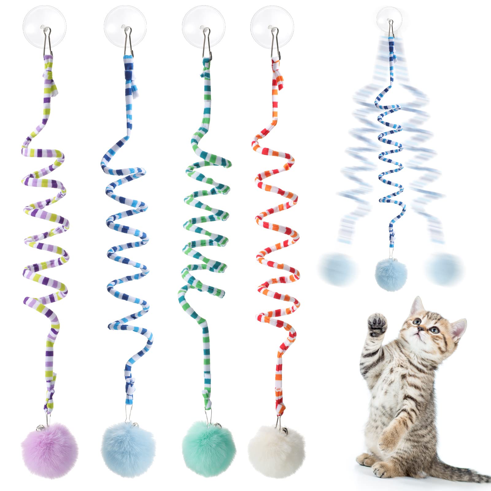Woanger 4 Pcs Cat Spring Toys Hanging Door Interactive Cat Toys With Bell Long Tail Stretchable Soft Plush Teaser Ball For Kitte