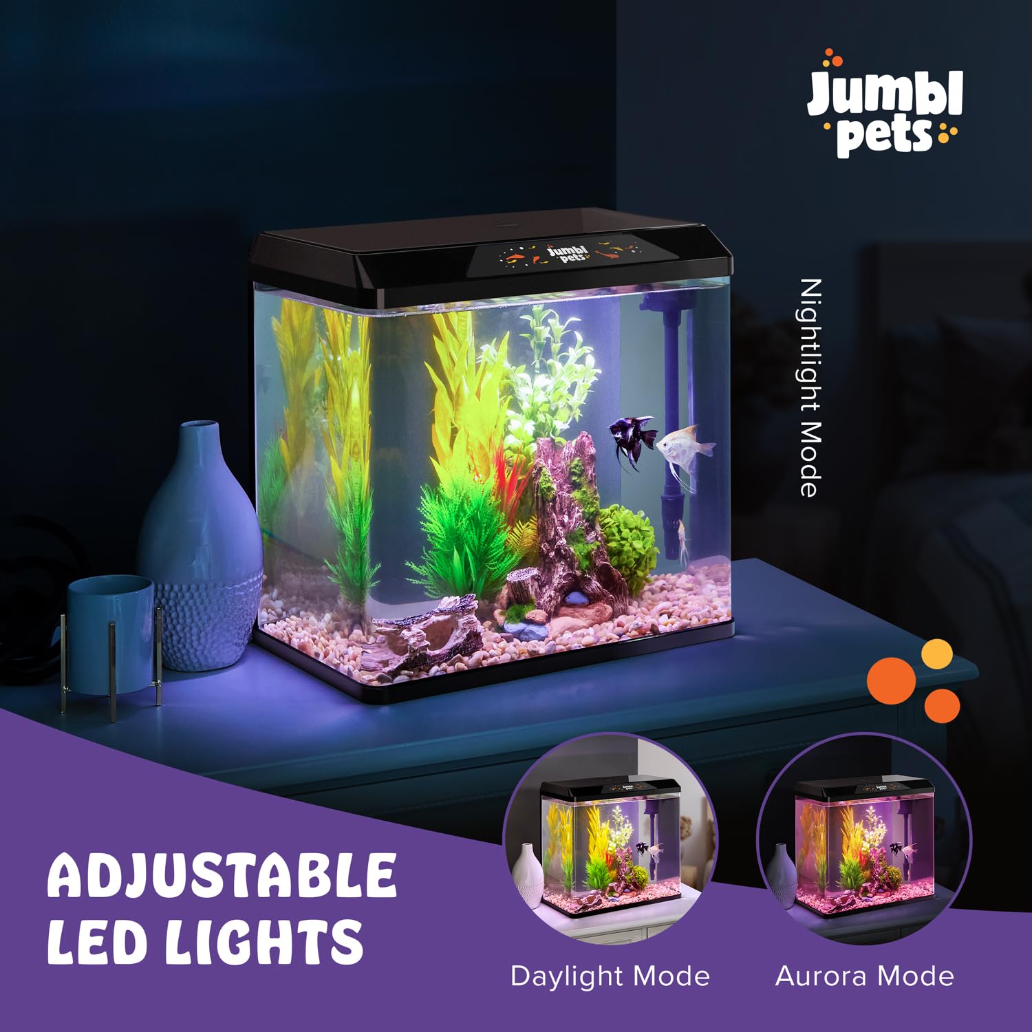 JumblPets Starter Fish Aquarium Kit, 4 Gallon, Complete Beginner Glass Fish Tanks Set with LED Lighting, Internal Filtration Sys