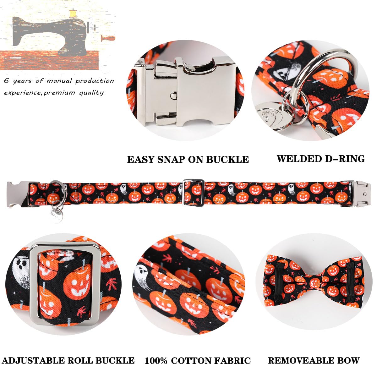 Dogwong Fall Dog Collar With Bowtie - Black Pumpkim Dog Collar Soft Cotton Autumn Dogs Necklace- Halloween Puppy Necklace For Sm