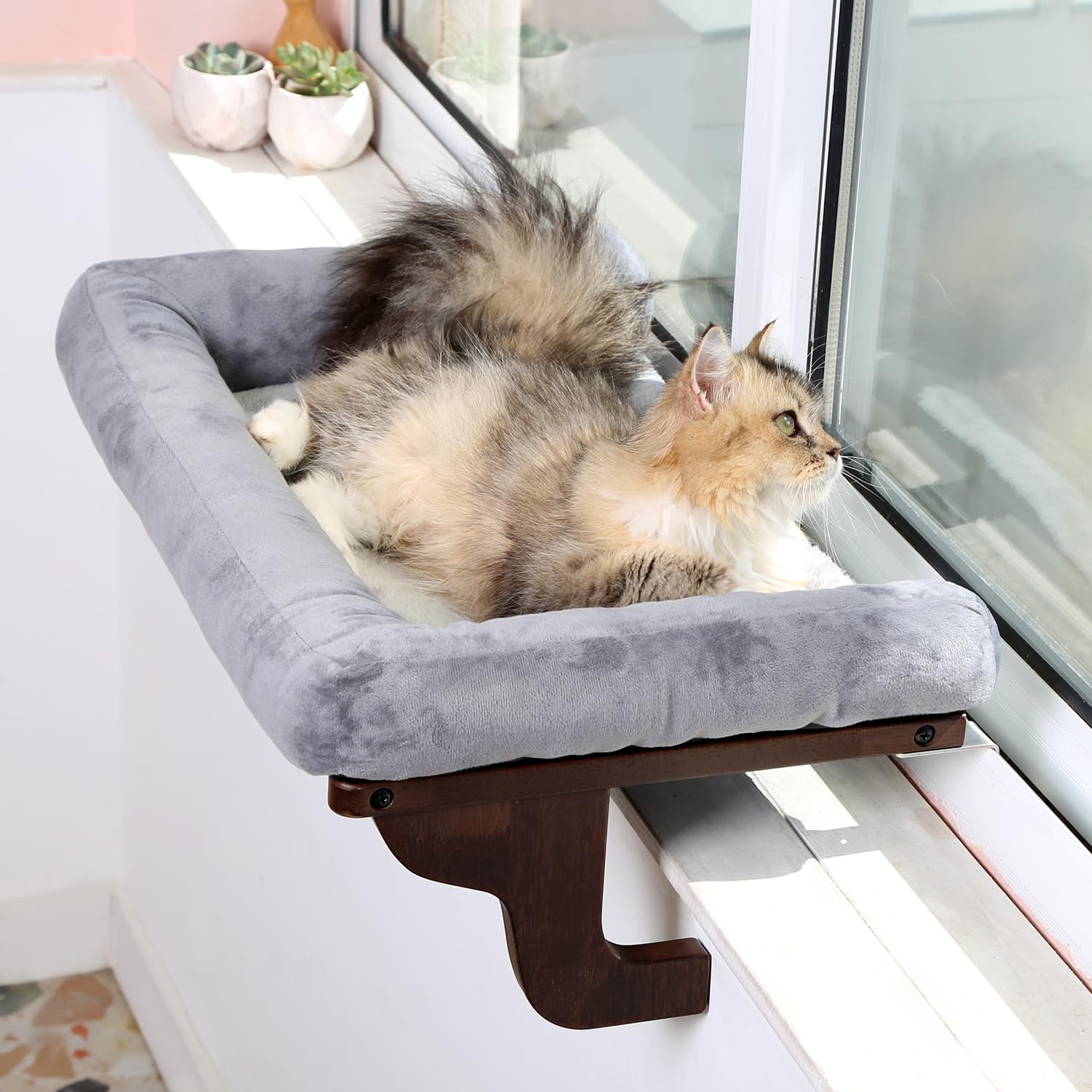 Zakkart Cat Perch For Window Sill With Bolster - Orthopedic Hammock Design With Premium Hardwood & Robust Metal Frame - Cat Window Seat For Large Cats And Kittens - Dark Stained Wood With Gray Bed