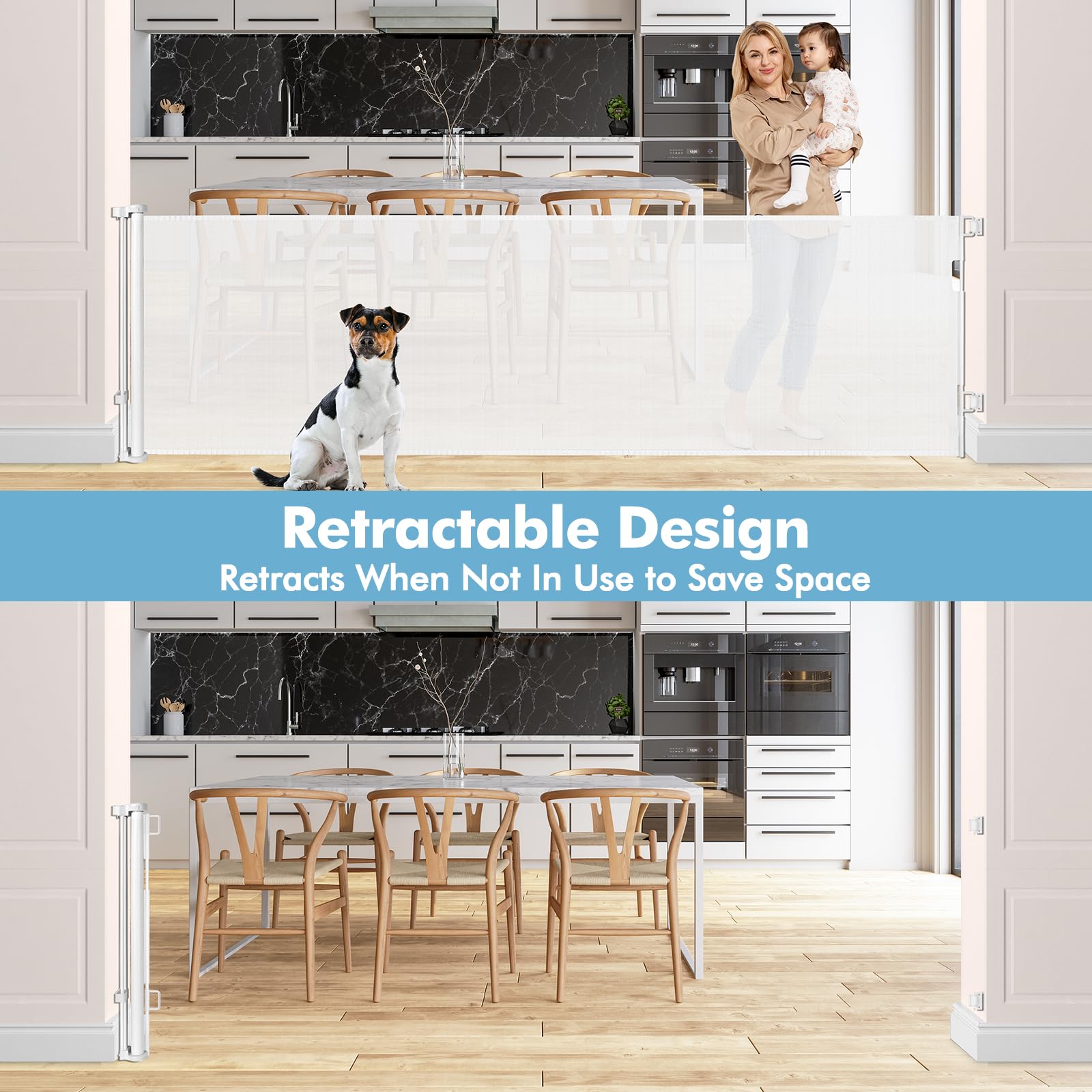 75 Inch Extra Wide Baby Gate For Wide Openings Indoor Outdoor Retractable Baby Gates Extra Wide Retractable Dog Gate Long Baby Gate Dog Gates For The House Extra Wide Child Gates For Doorways, White