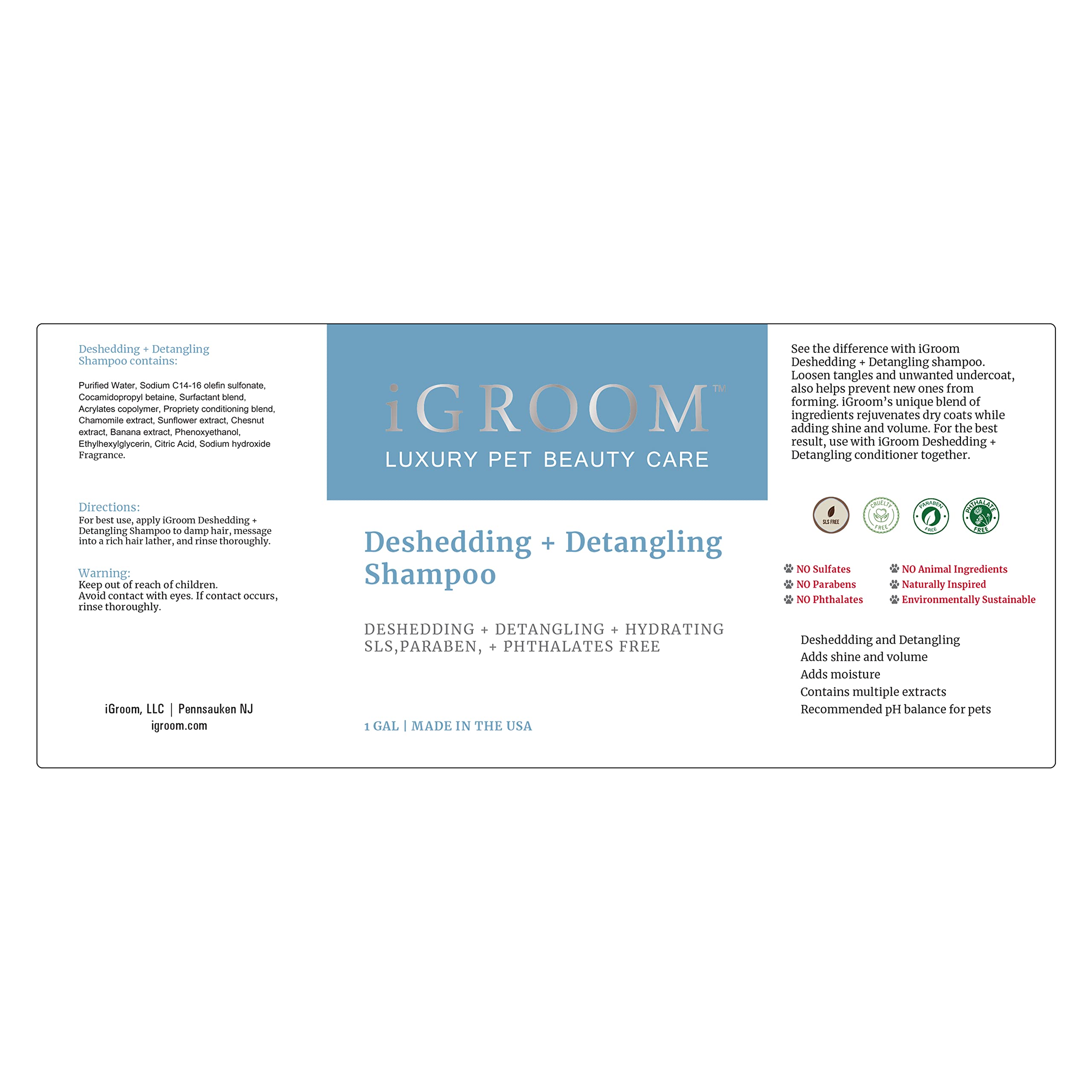 Igroom Deshedding & Detangling Dog Shampoo, Luxury Pet Beauty Care, Loosen Tangles + Unwanted Undercoat, Adds Shine + Volume, Made In Usa (1 Gal)