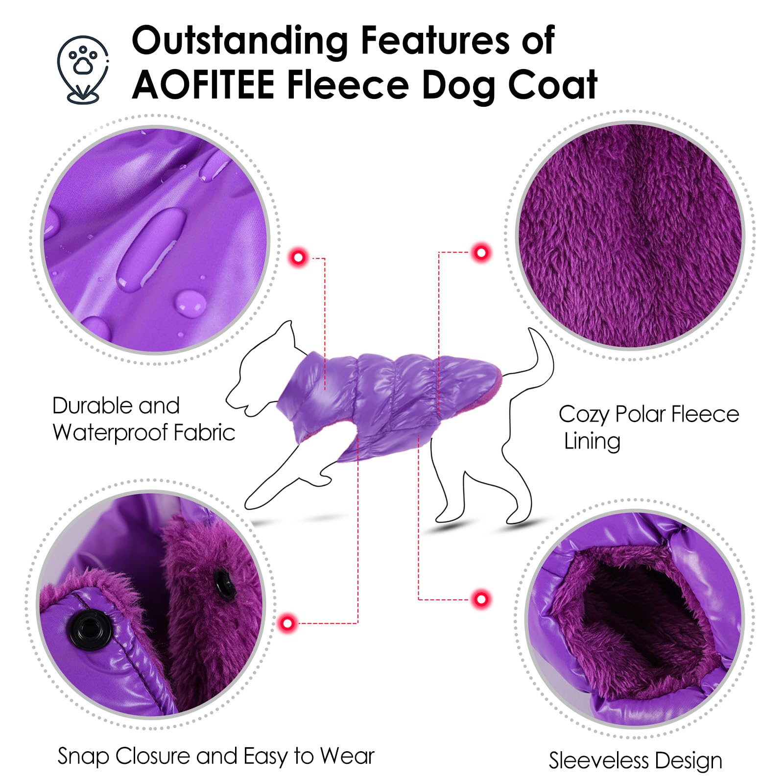 Aofitee Dog Coat, Waterproof Dog Jacket, Winter Dog Coats For Small Dogs, Fleece Dog Snowsuit Warm Dog Puffer Jacket, Cozy Pet Winter Vest, Dog Cold Weather Coats For Small Medium Dogs, Purple, 2Xl