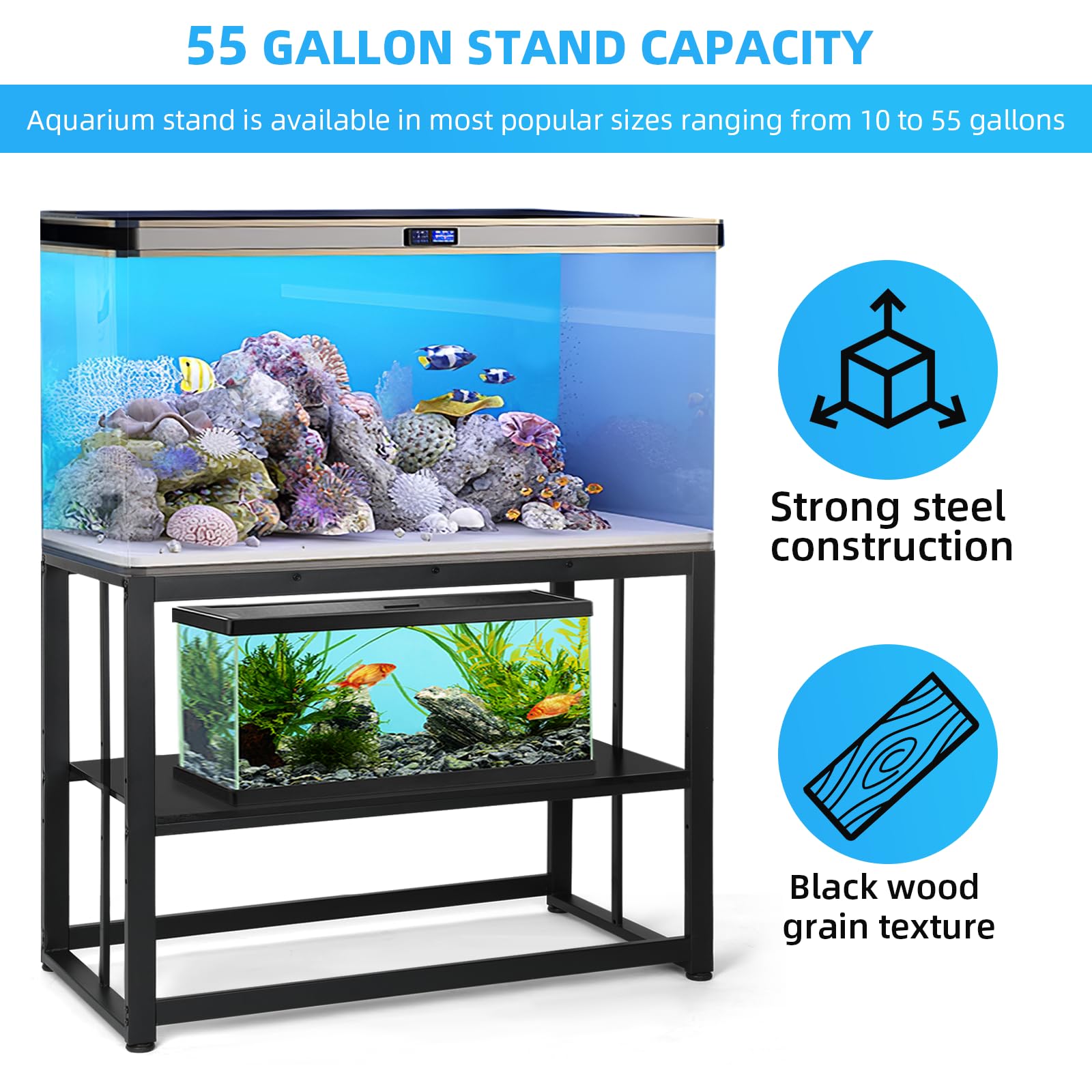 VOWNER 55-75 Gallon Fish Tank Stand - Metal Aquarium Stand, 48.4 x 14.9 x 29.5 Heavy Duty Reptile Tank Stand, Adjustable 2-Tier