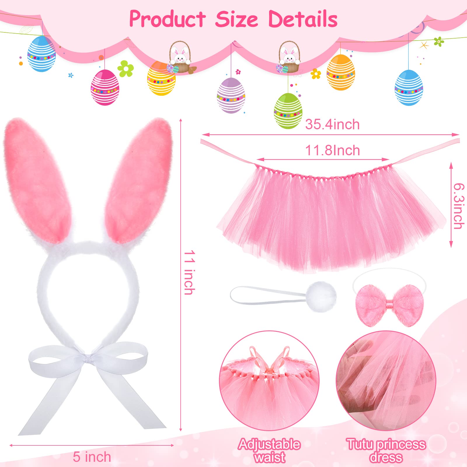 7 Pieces Easter Dog Bunny Costume Set, Pet Bunny Ears Headband, Pink Tutu Skirt, Triangle Bibs Pet Scarf With Tail, Bow Tie Coll