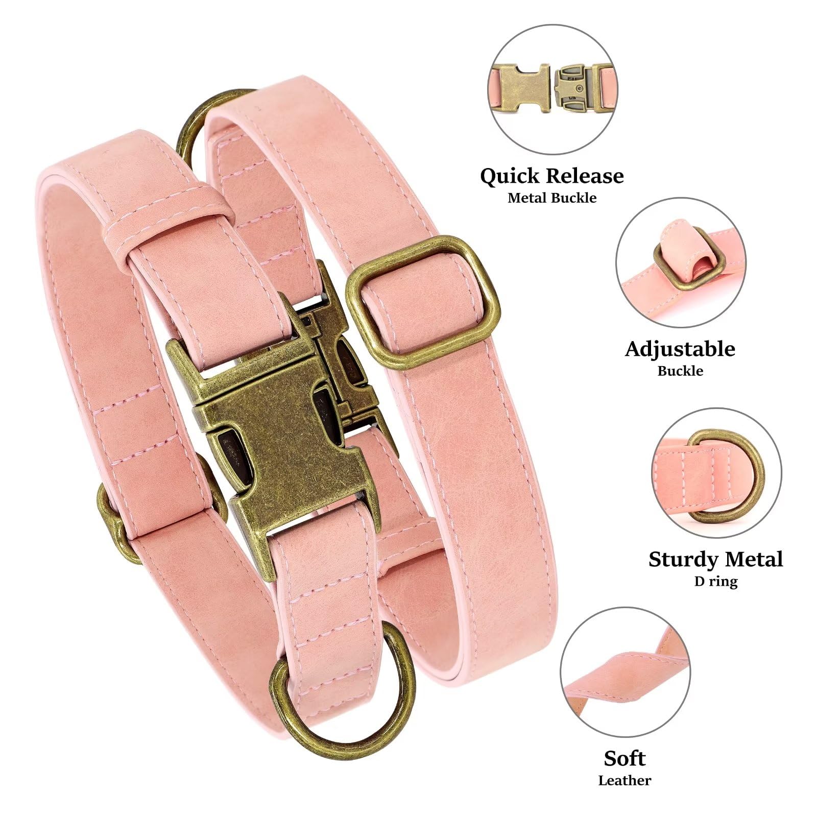 Didog Soft Leather Dog Collar, Durable Quick Released Pet Collars With Metal Buckle, Adjustable Pink Dog Collar Faux Leather For