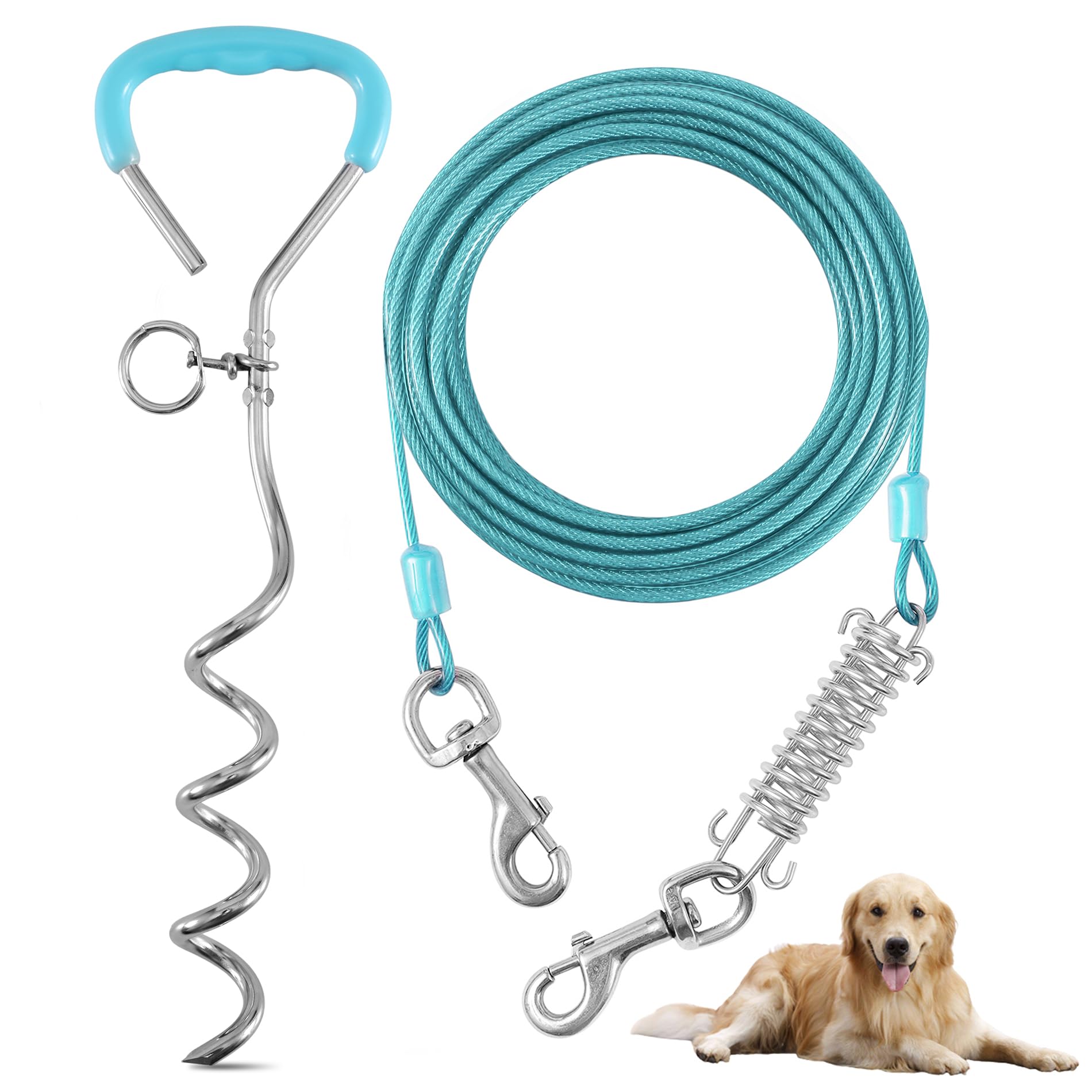 Dog Tie Out Cable And Stake,40Ft Outside Dog Run Cable Leash&Chain With Shock Spring For Camping And Yard, 16'' Heavy Duty Anti 