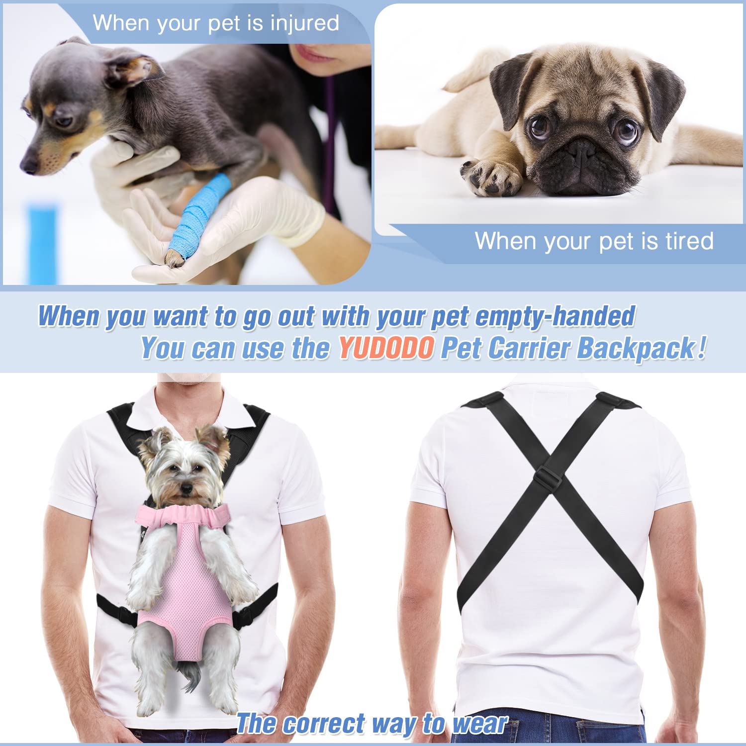 Yudodo Pet Dog Carrier Backpack Adjustable Dog Front Carrier, Legs Out Easy-Fit Dog Travel Backpack Carrier For Hiking Camping For Small Medium Dogs Cats And Rabbits (Small, Pink)