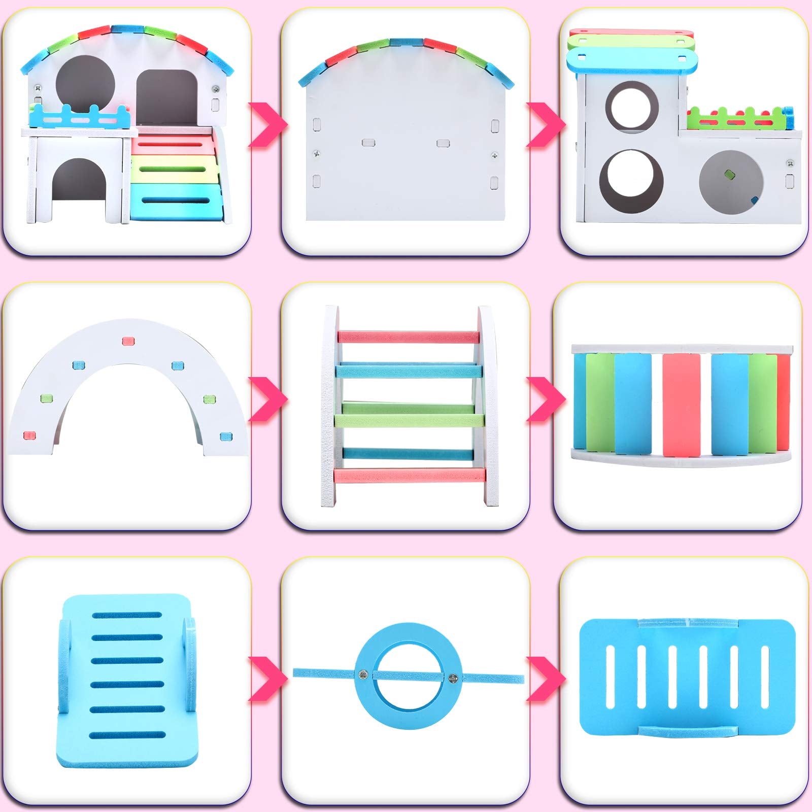 3 Pieces Fun Hamster Toys Guinea Pig Hideout Include Pvc Hamster House, Rainbow Bridge, Seesaw Toy Diy Exercise Play Toys For Ra