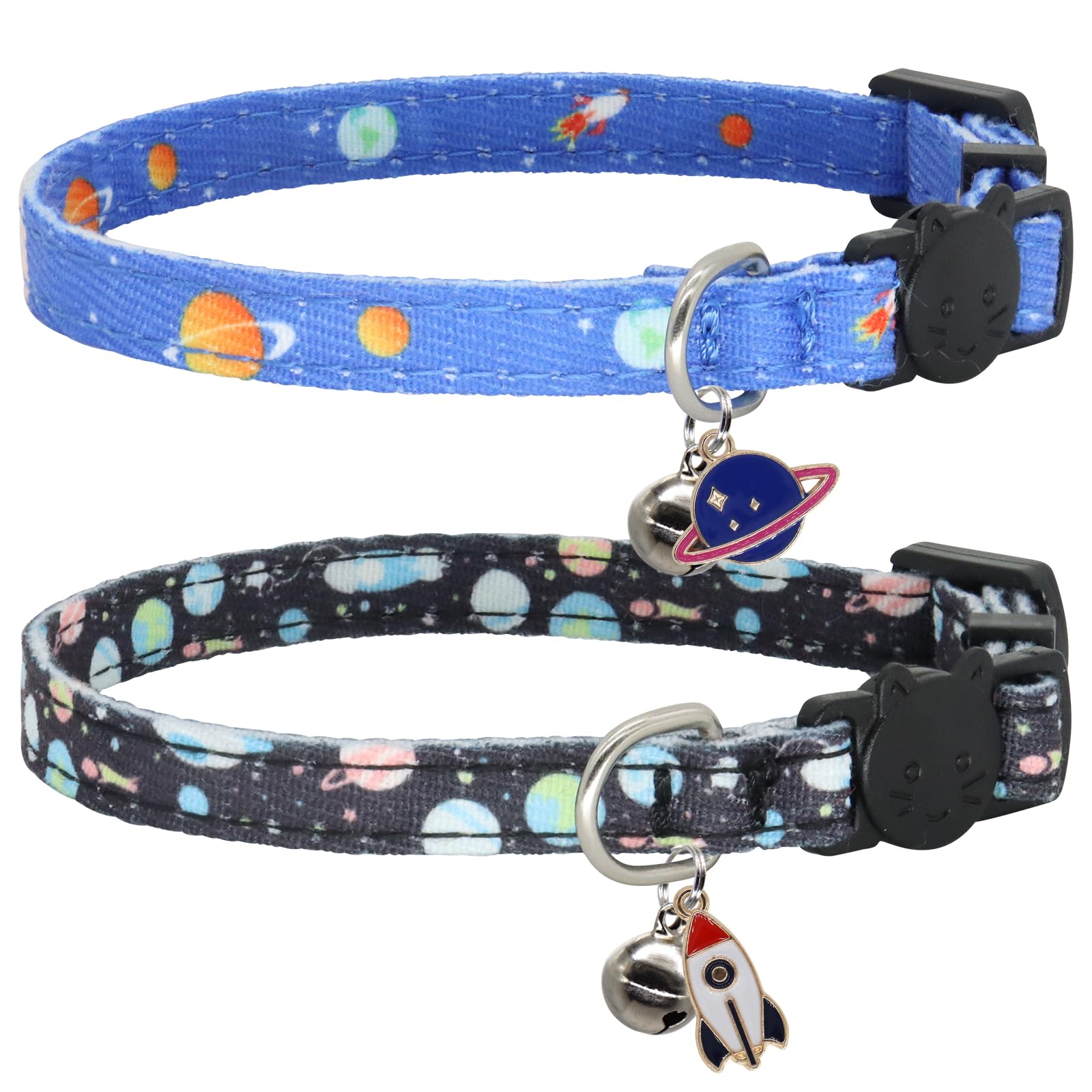 Giecooh Cotton Cat Collar, 2 Pack Breakaway Cats Collars With Bells, For Girl Boy Kittens, Planet