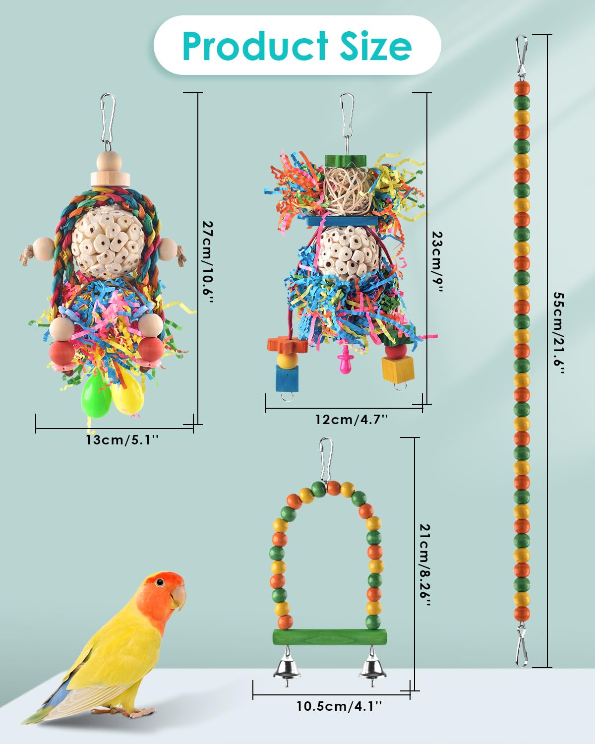 Bissap Conure Toys, 4 Pcs Parrot Foraging Shredder Hanging Toys Sola Balls With Sand Hammer Perch Swing Climbing For Small Parro