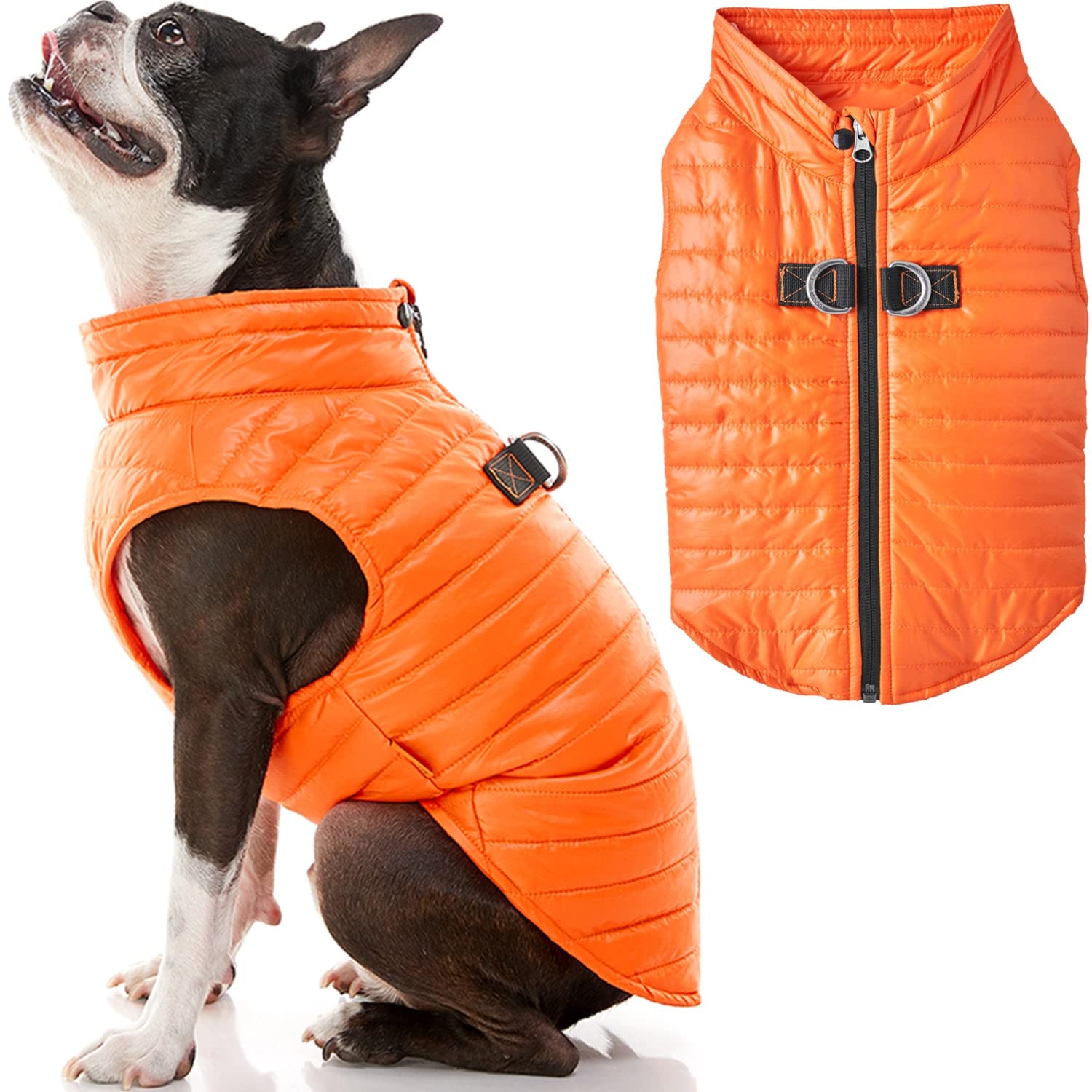 Gooby Puffer Vest Dog Jacket - Orange, X-Large - Ultra Thin Zip Up Wind Breaker With Dual D Ring Leash - Water Resistant Small D