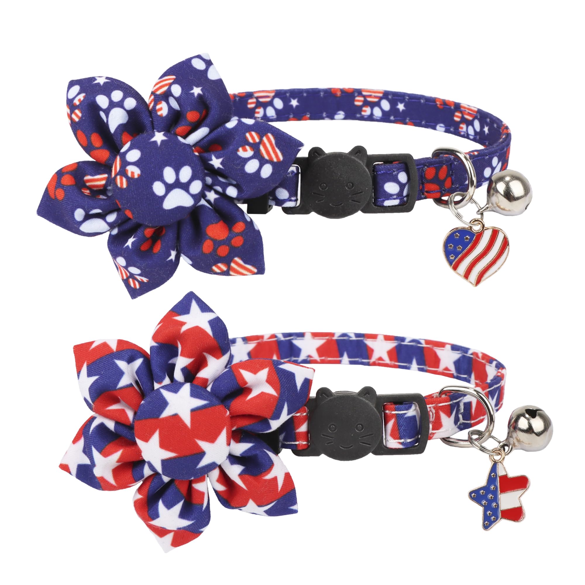 Adoggygo Christmas Cat Collars With Flower Bell, 2 Pack Breakaway Cat Christmas Collar With Removable Floral, Red Green Plaid Fl