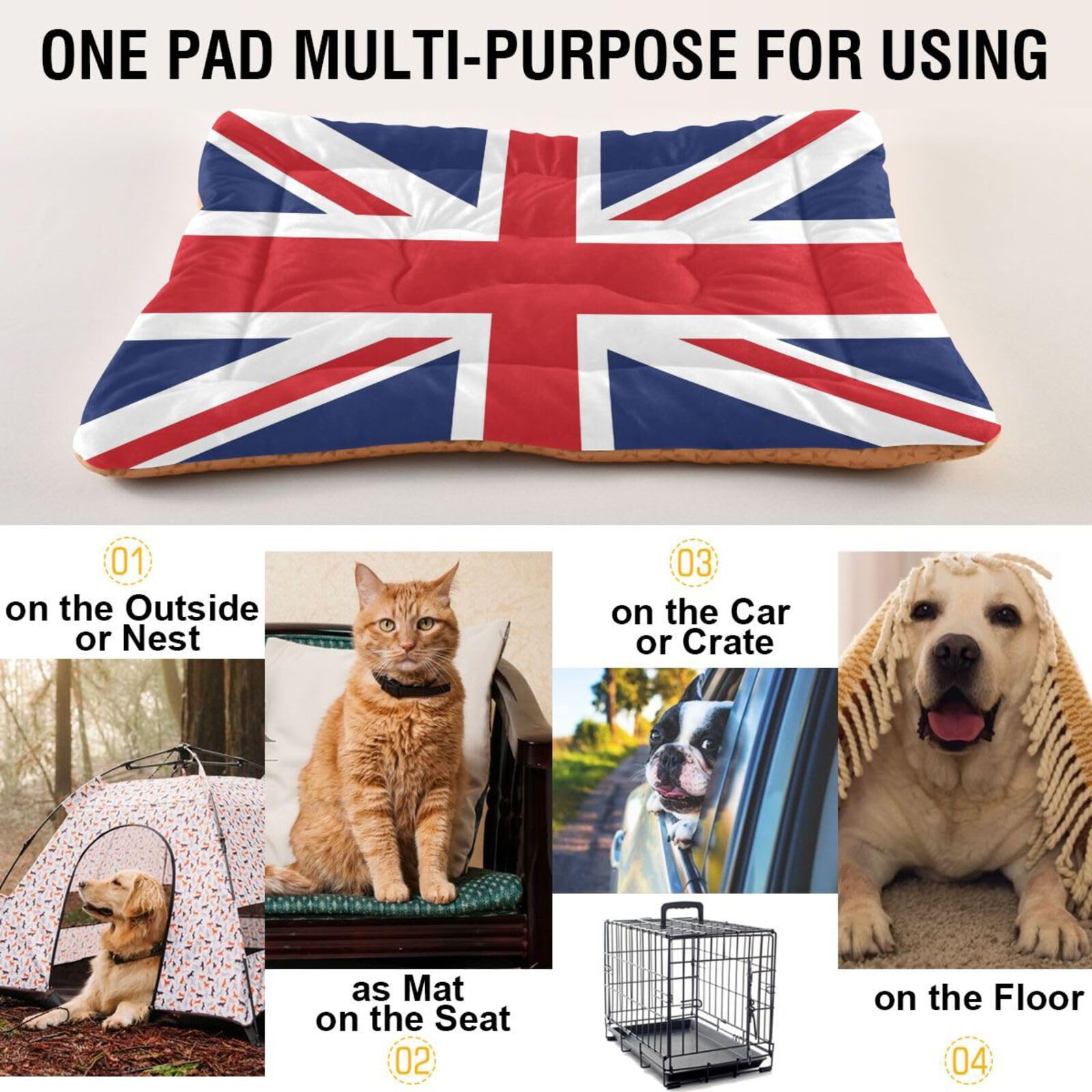 Coikll British Flag Pet Bed Pad Soft Dog Bed Mat With Anti-Slip Bottom, Machine Washable Crate Pad Mattress For Dog Sleeping