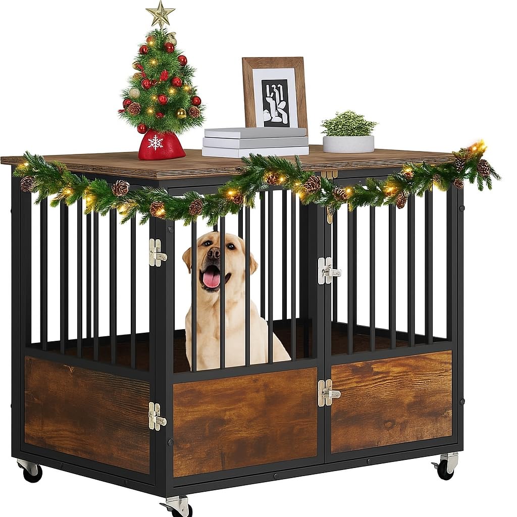 YITAHOME Rustic Heavy Duty Dog Crate Furniture with Wheels, Double-Doors Metal Dog Kennel Indoor for Small Medium Dogs, Decorati