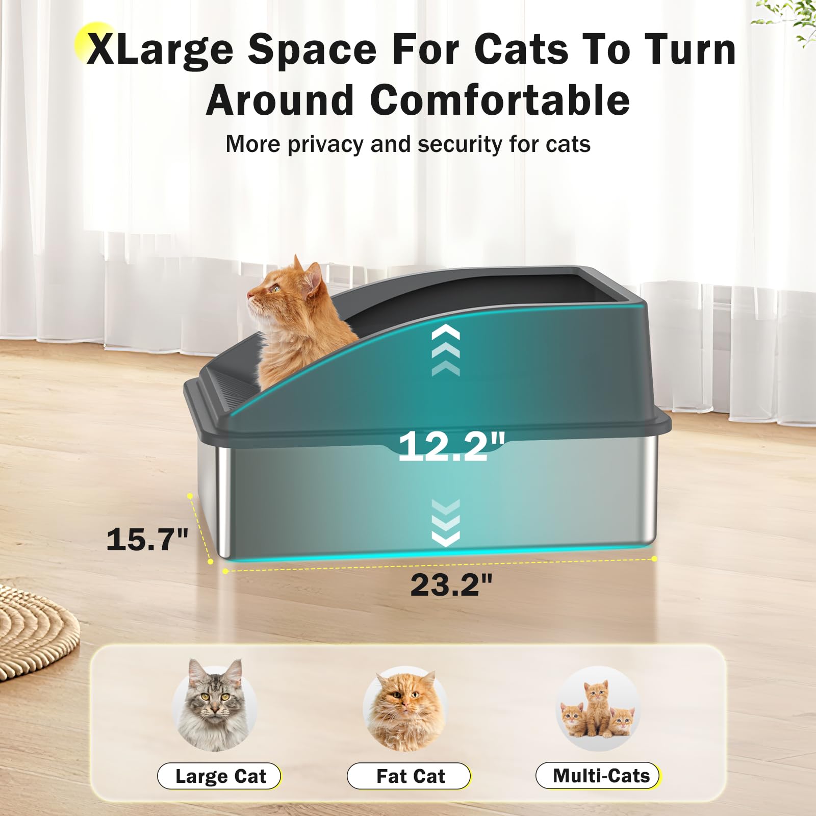 Stainless Steel Cat Litter Box, Extra Large Litter Boxes for Big Cats, Anti-Urine Leakage XL Box with High Sides, XLarge Metal L