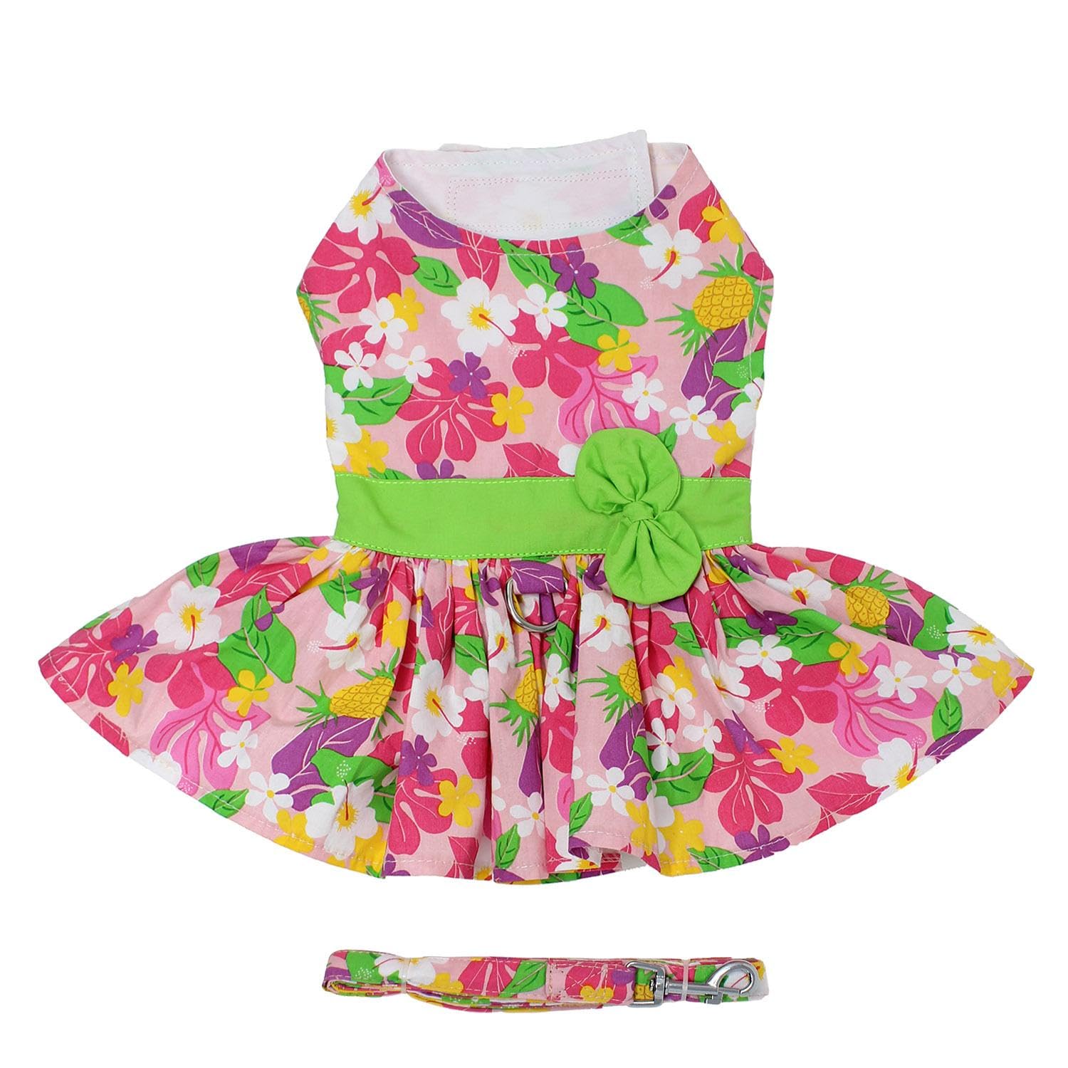 Doggie Design Pink Hawaiian Floral Dog Harness Dress With Matching Leash (X-Small)