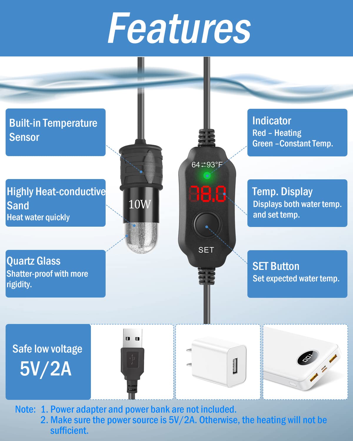 AquaMiracle 10W Adjustable Betta Heater - USB Powered Mini Aquarium Heater with Digital Display, Ideal for Up to 1 Gallon Tanks, Black