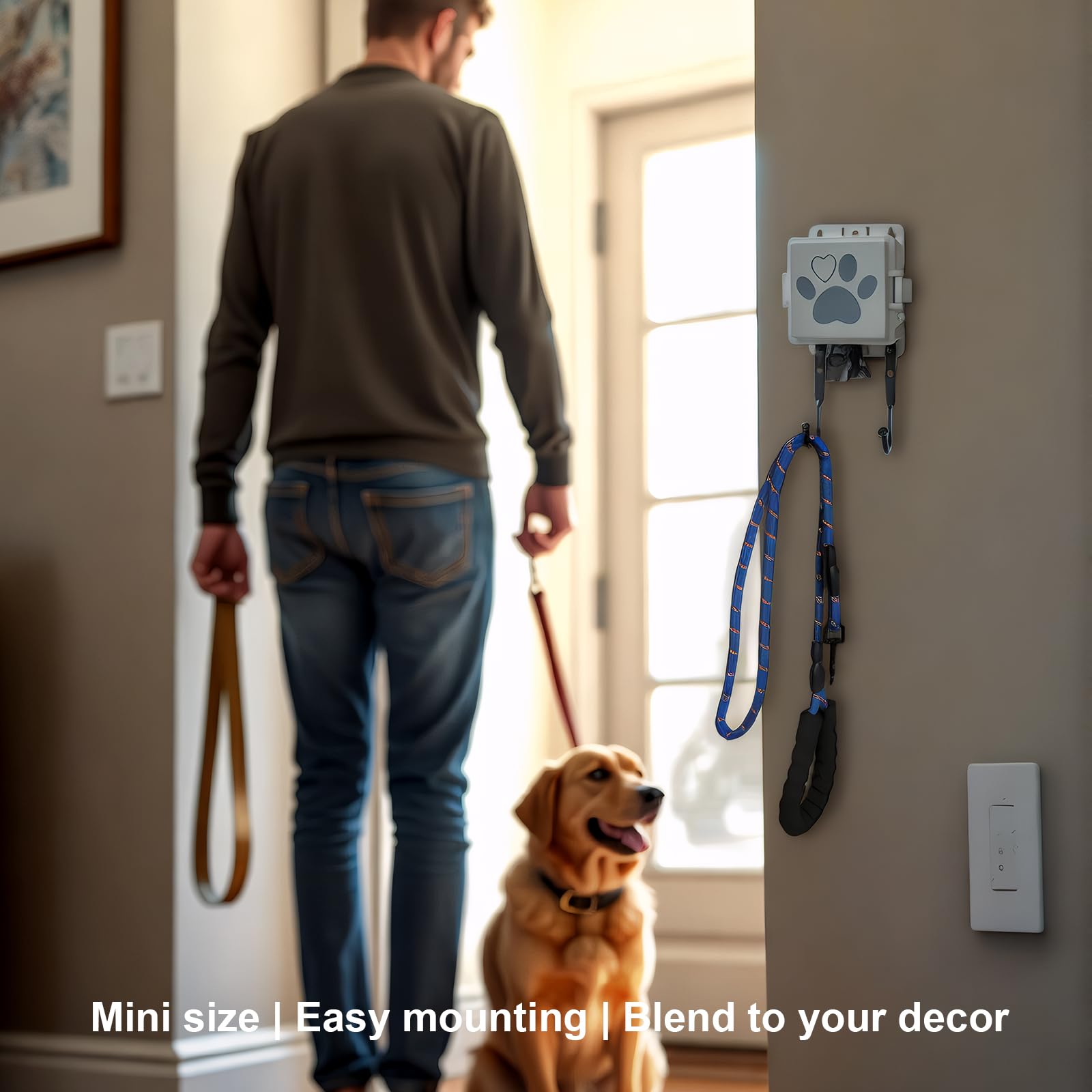 Dog Poop Bag Dispenser Wall Mounted Pet Waste Bags Holder With Hooks And 2 Rolls, Mini All-Weather Doggie Bag Dispenser For Home