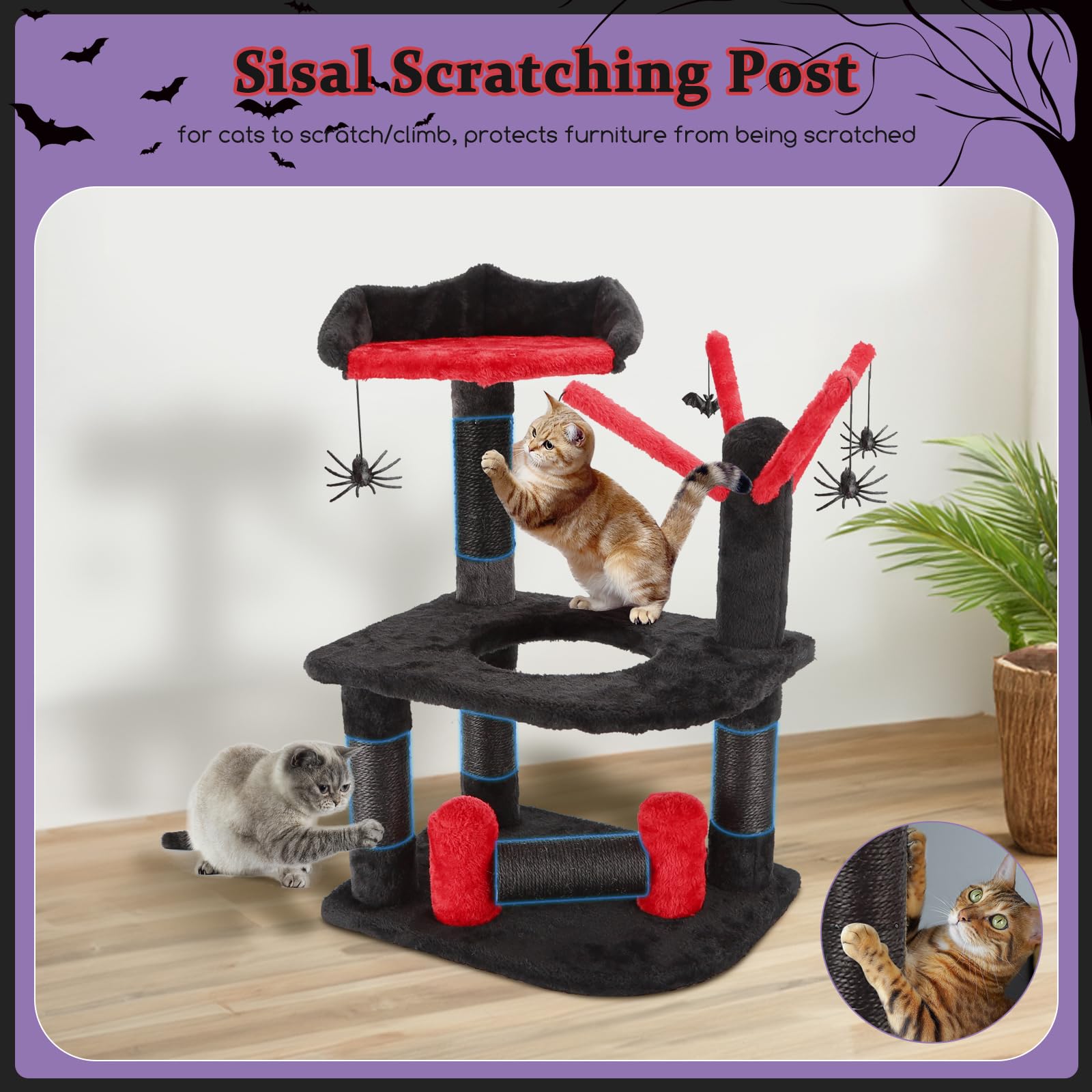 Nobleza Gothic Cat Tree, Halloween Black Goth Cat Tree Tower With Crown Perch & Playful Hole, Indoor Spooky Cat Tree Stand Climb