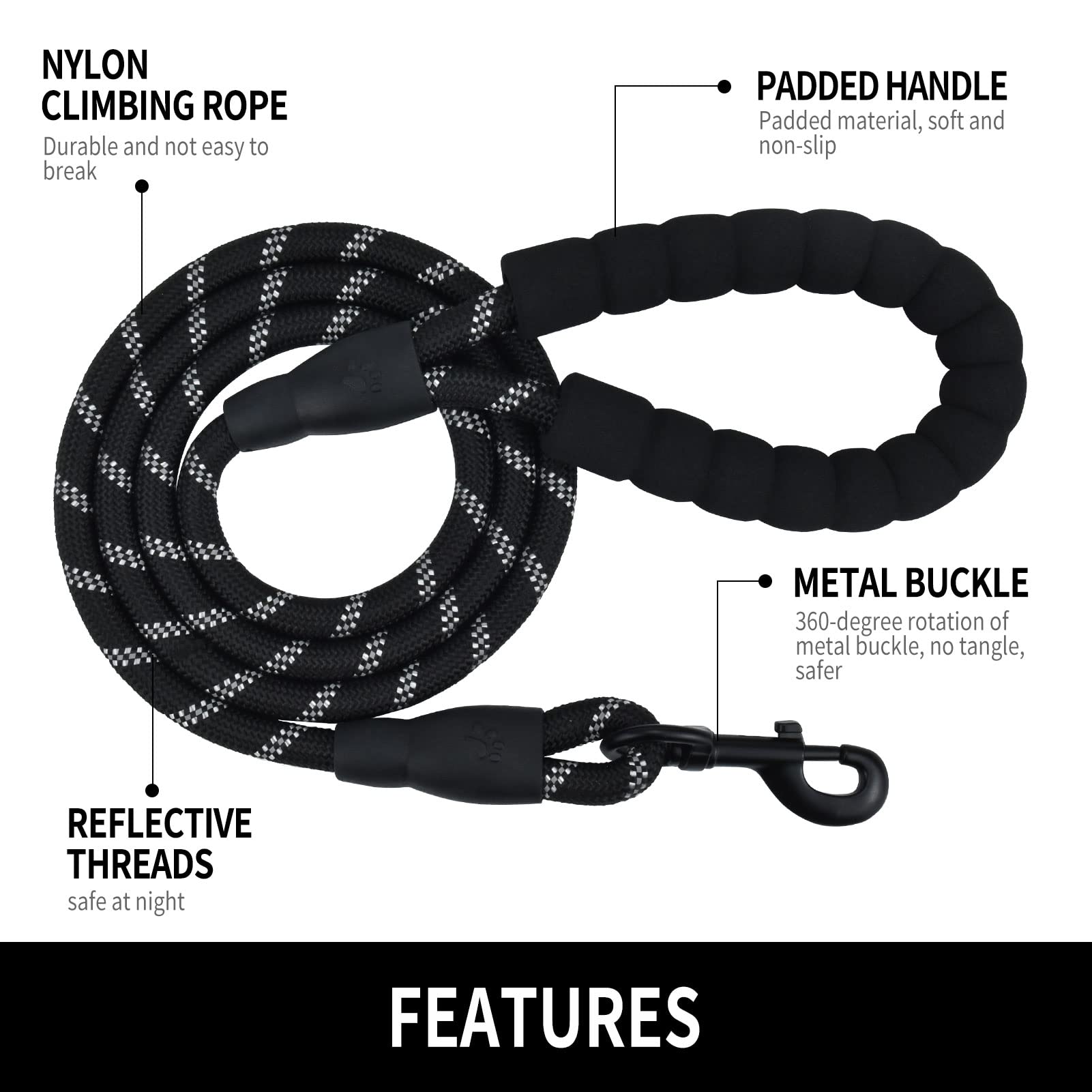 Panykoo 4/5/6 Ft Strong Pet Dog Leash With Soft Padded Handle,Highly Reflective Rope For Night Walking,360-Degree Rotating Metal