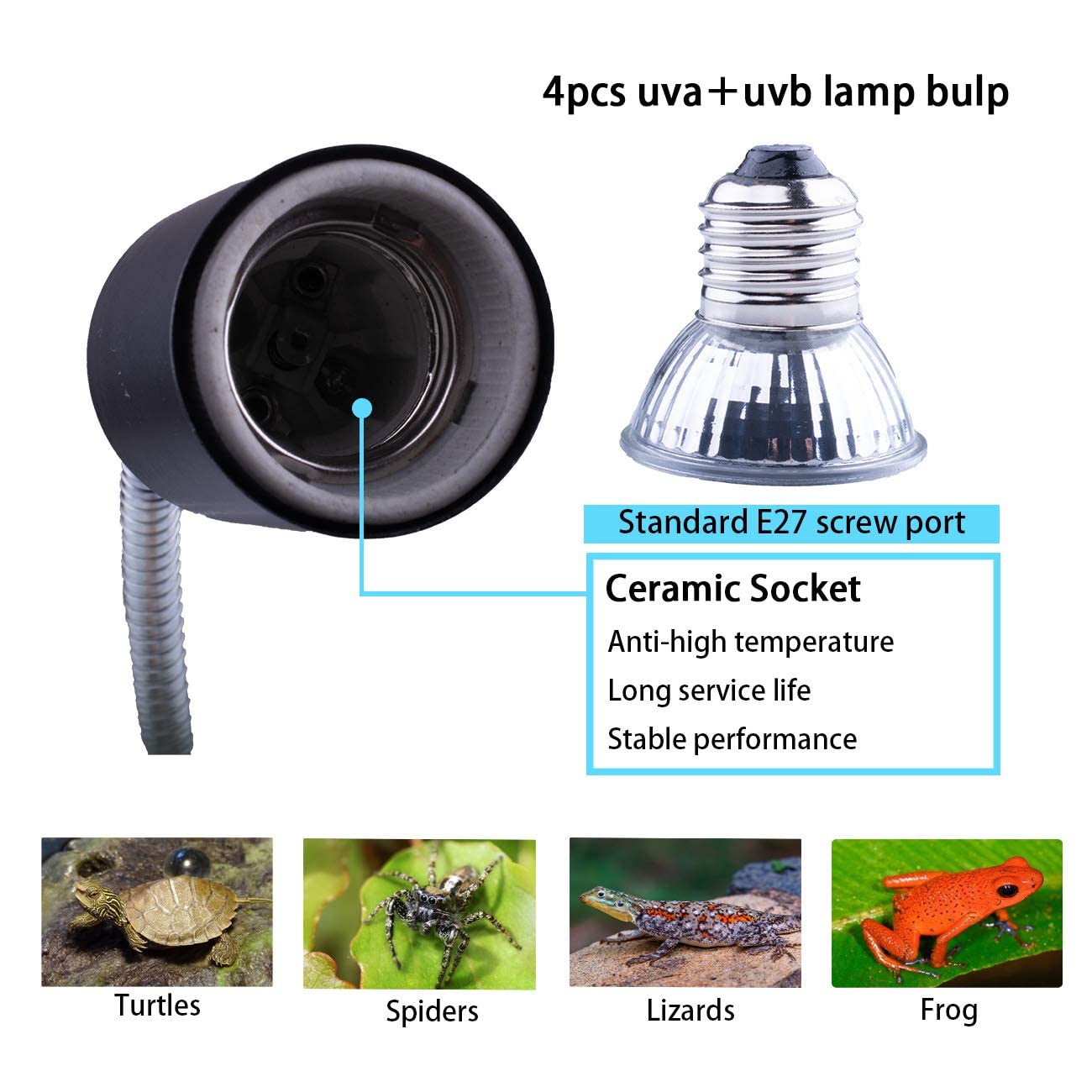 Reptile Heat Lamp, Uvb Bulb, Uvb Reptile Light Fixture, Uva Uvb Reptile Light, Aquatic Turtle Heating Lamp, Turtle Aquarium Tank Heating Lamps Holder & Switch With 4 Heat Bulbs-Black