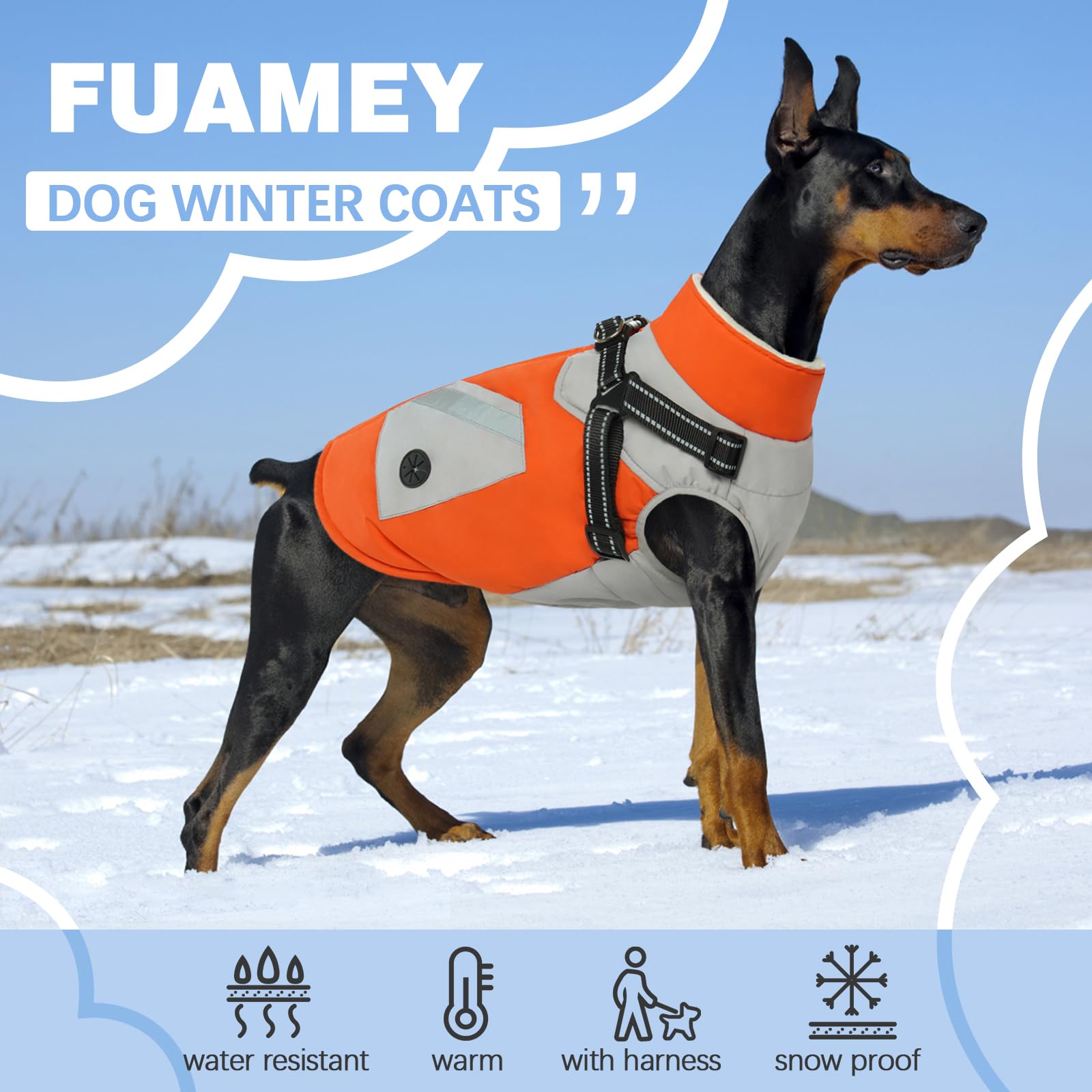 FUAMEY Dog Winter Jacket with Harness, Waterproof Snowsuit, Large (Chest: 24in), Orange, Model C111-FUAMEY-521MF-1