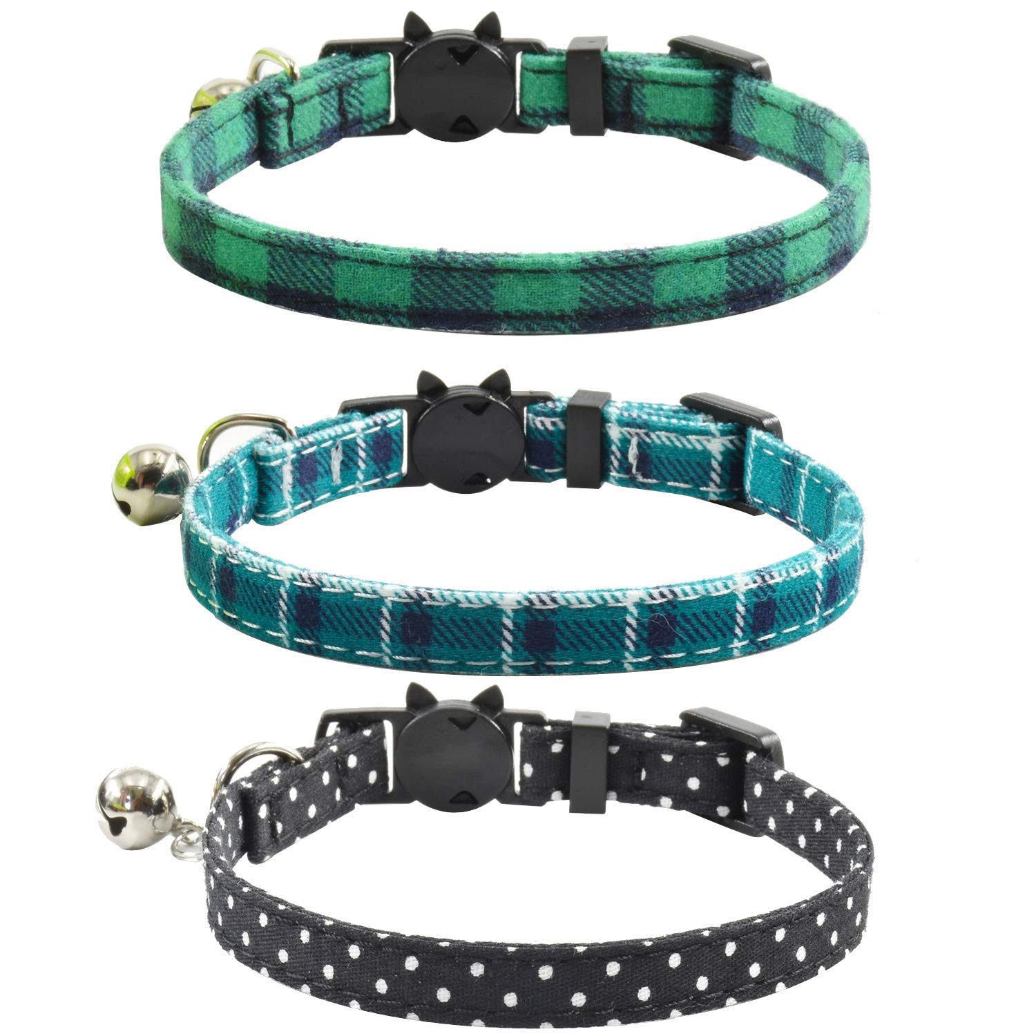 Breakaway Cat Collars With Bell, Set Of 3, Durable & Safe Cute Kitten Collars Safety Adjustable Kitty Collar For Cat Puppy 7.5-11In (Green,Cyan,Black)
