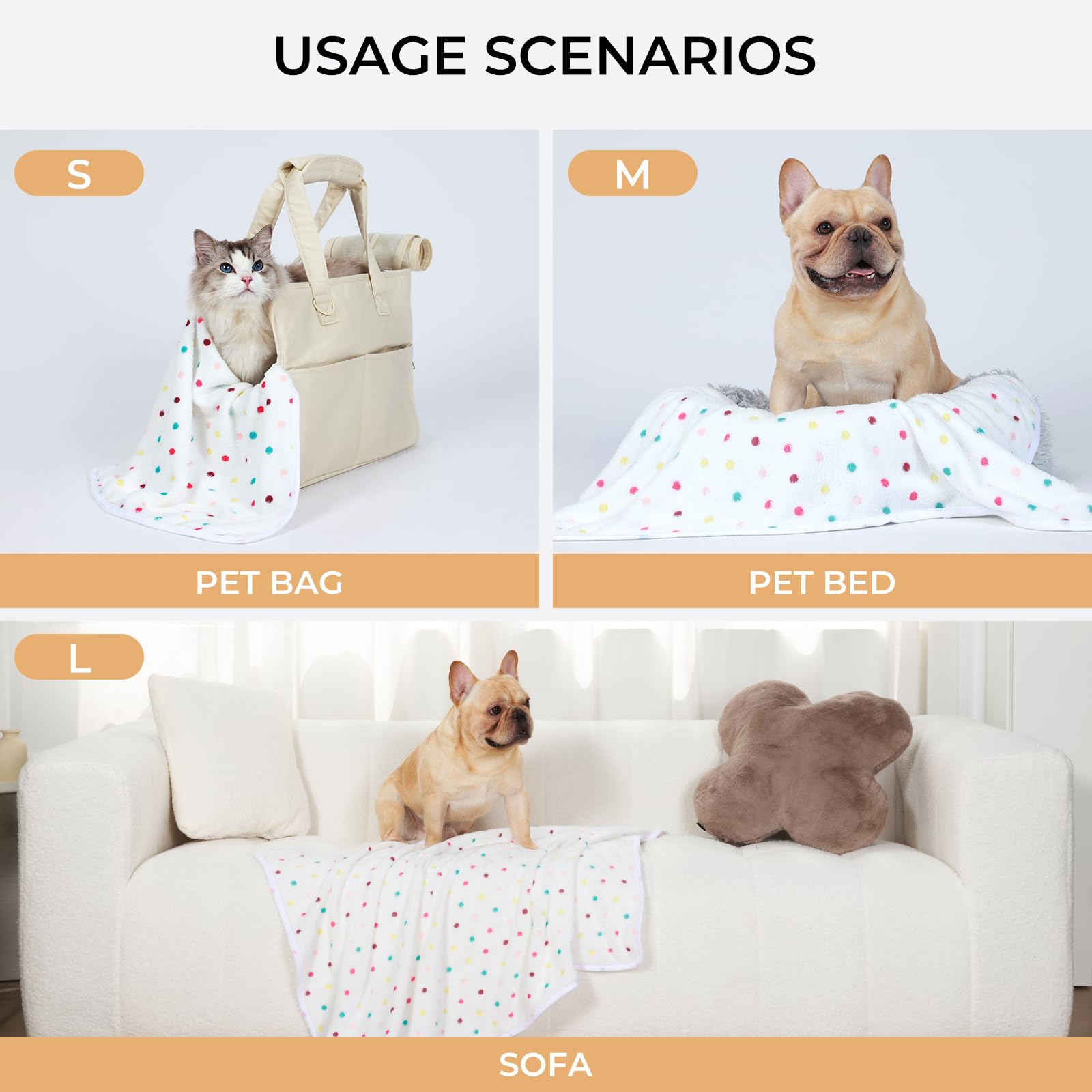1 Pack 3 Blankets Super Soft Cute Dot Pattern Pet Blanket Flannel Throw For Dog Puppy Cat Beige/Brown/Pink Small