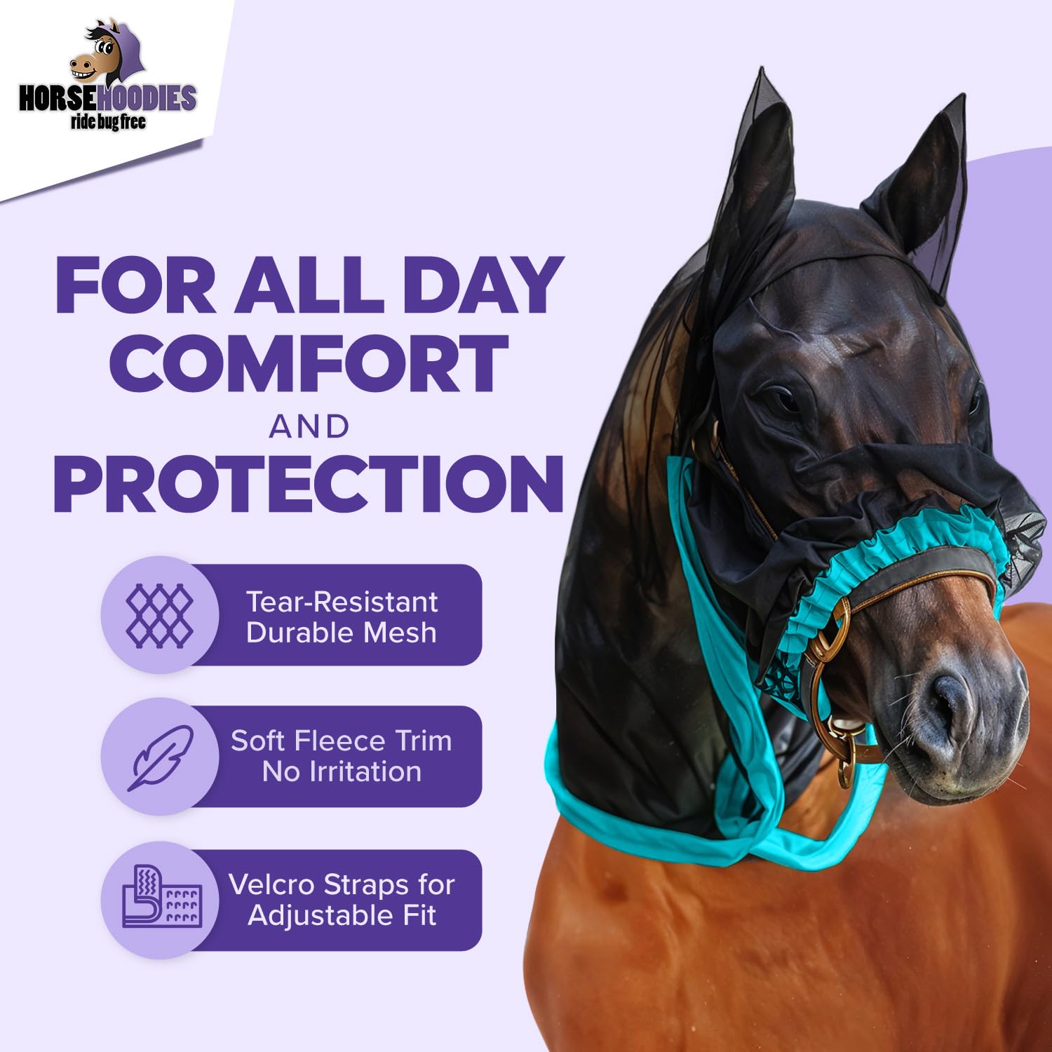 Full Horse Fly Mask with Ears - Purple Nose-to-Wither Fly Masks for Horses with Ears Full Hoodie Horse Mask with Ear Protection