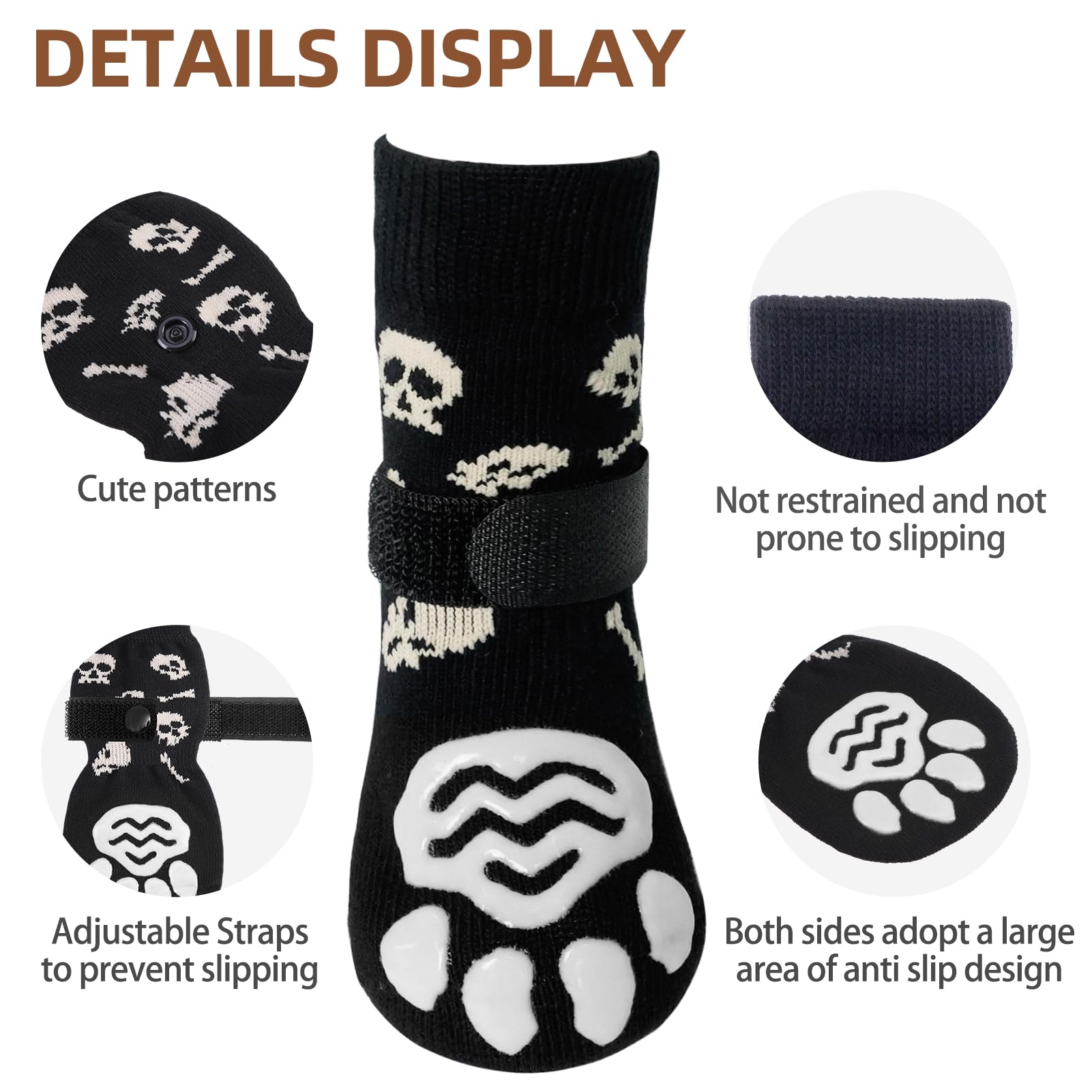 Pupteck Double Sides Anti-Slip Dog Socks Halloween Costumes, 3 Pairs Soft Paw Protector With Adjustable Straps, Strong Traction
