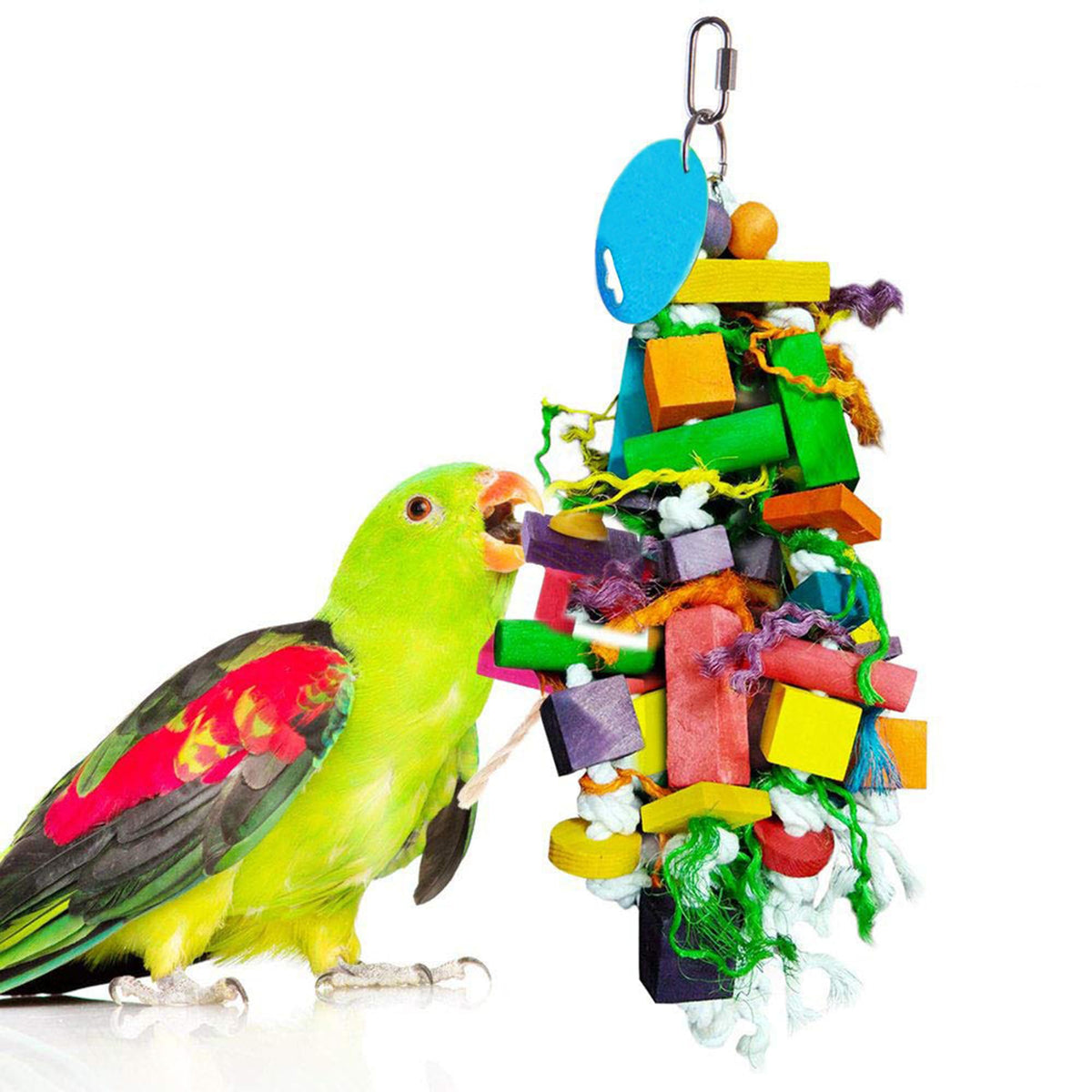 Sungrow Parrot Wooden And Rope Chewing Toy, Multi-Shaped And Multicolored Blocks And Cotton Rope With Hanging Loop
