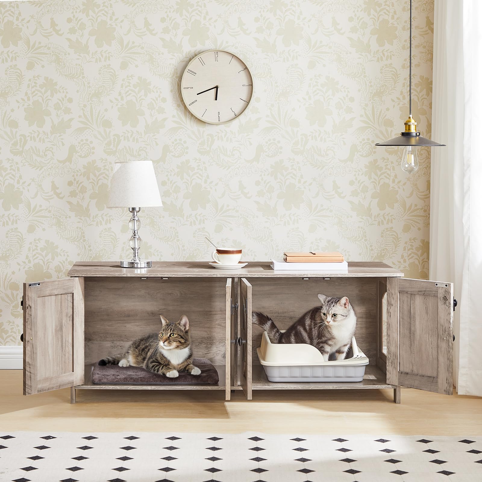 Hoobro 47.2'' Litter Box Enclosure For 2 Cats, Hidden Litter Box Furniture With Double Rooms, Wooden Cat Litter Box Enclosure, D