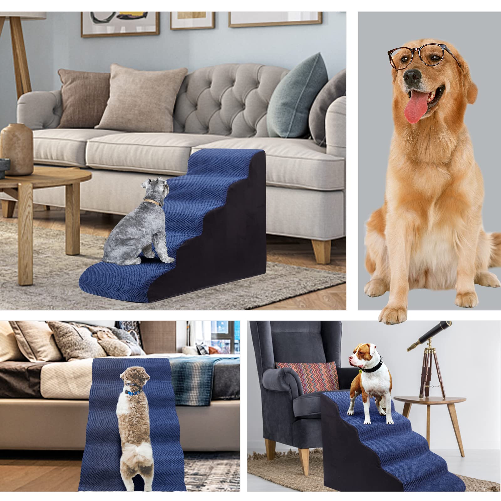 Foam 5 Tier Dog Steps&Stairs For High Beds 25 Inches High, Tall Extra Wide Pet Stairs/Steps For High Beds/Bedsides,Non-Slip Dog
