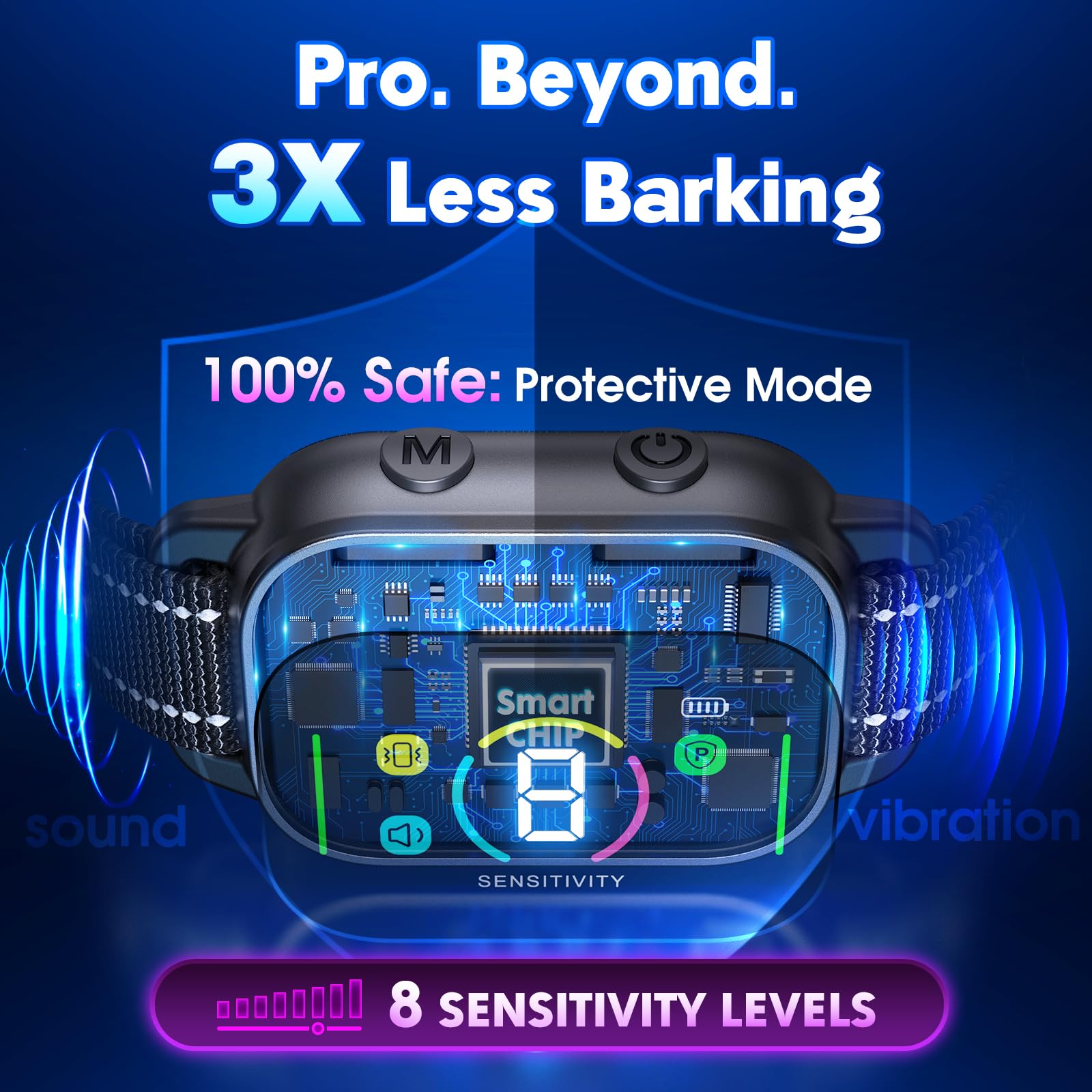 Nhujk Smart Bark Collar For Dogs, Rechargeable Anti-Bark Training Collar With Beep, Vibration & Harmless Static, 8 Sensitivity L