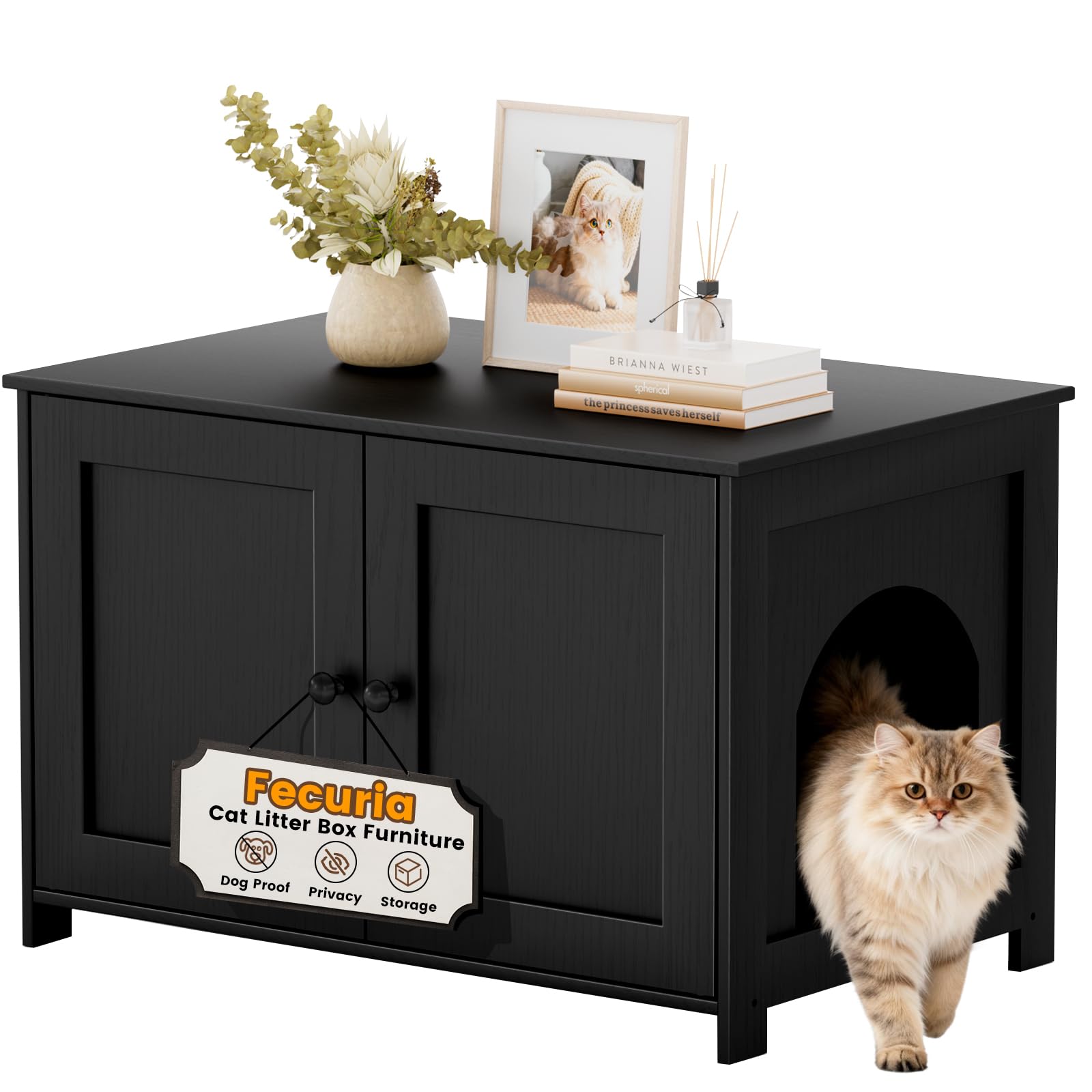 Fecuria Cat Litter Box Enclosure Furniture Dog Proof, Hidden Kitty Washroom Cabinet Low Entry, Wooden Cat Boxes Enclosure Odor C