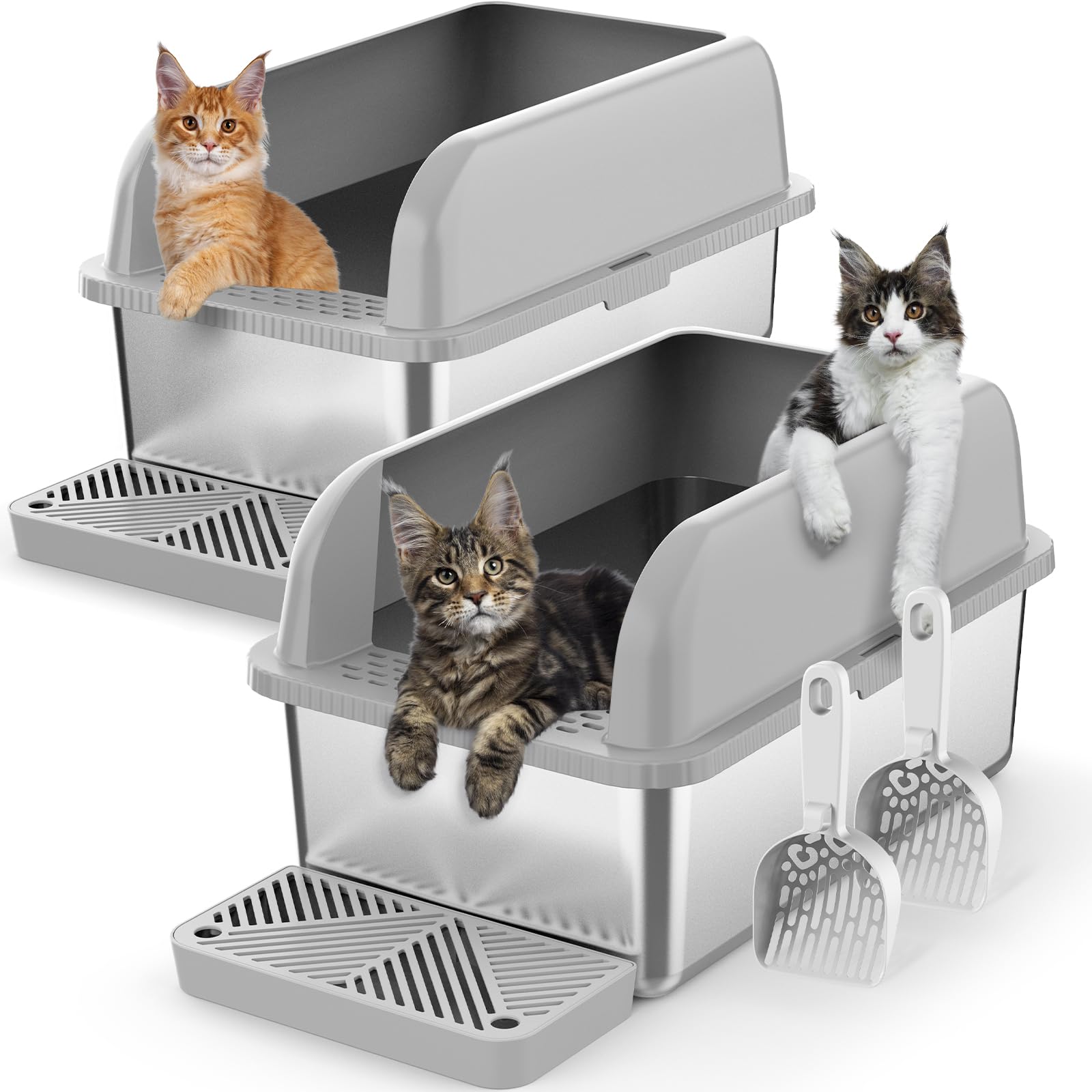 2 Pack 8'' Deep Stainless Steel Litter Box With Lid, Extra Large & Deep Stainless Steel Cat Litter Box For Multipul Cats, Metal 