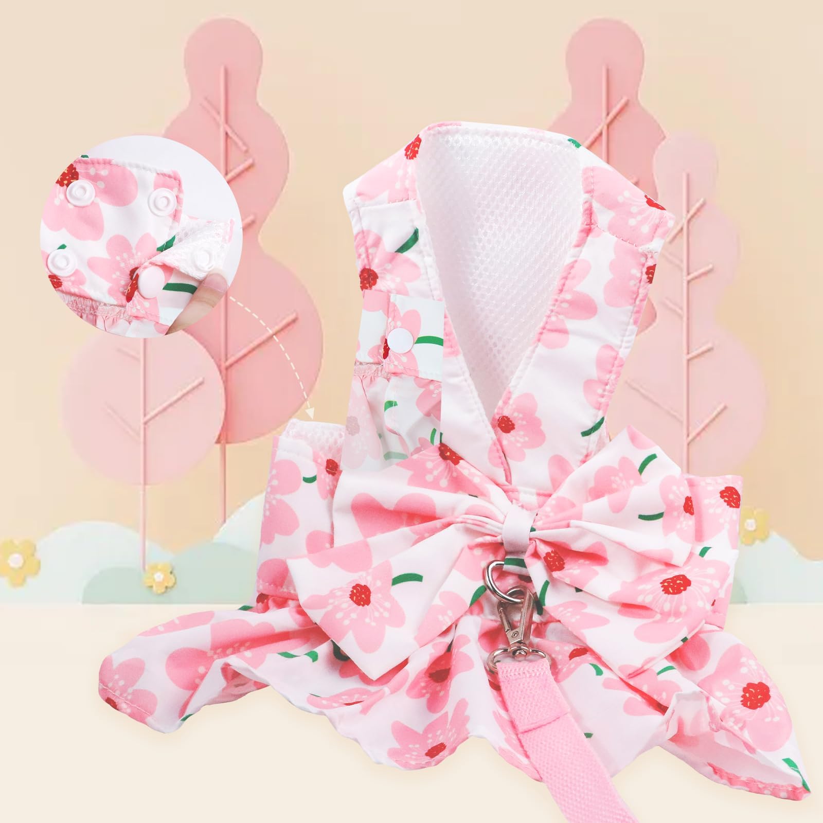 Dog Dress Bowknot Harness Leash Set For Small Girl Dogs Pink Floral Dog Cat Clothes Cute Puppy Outfits Pet Clothes Spring Summer
