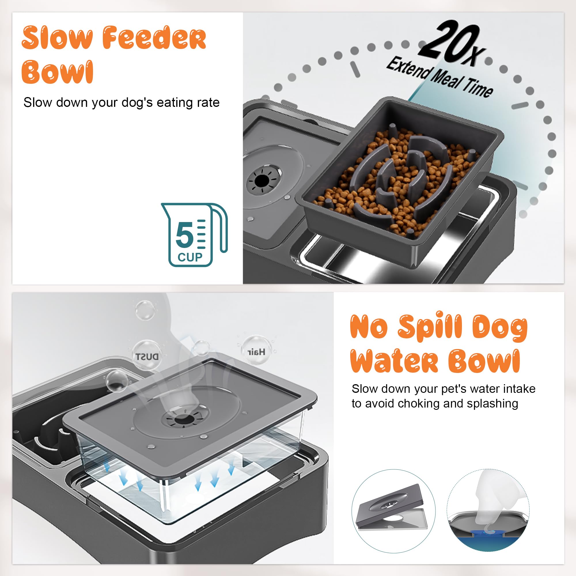 Decflow 3-In-1 Elevated Dog Bowls, 4 Height Adjustable Raised With Stainless Steel, Slow Feeder, No Spill Water Bowl, Diy Sticke