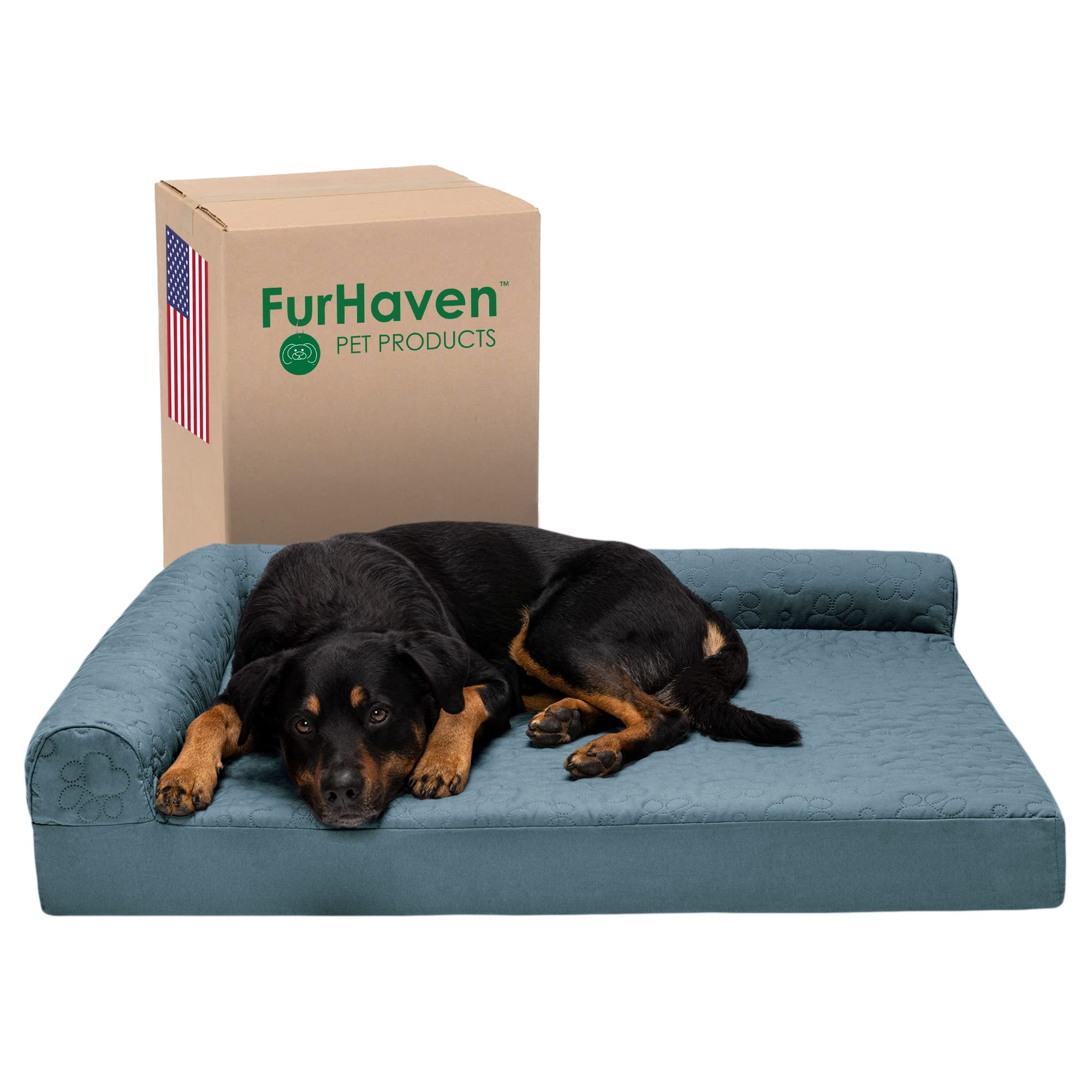 Furhaven Orthopedic Dog Bed For Large Dogs W/ Removable Bolsters & Washable Cover, For Dogs Up To 95 Lbs - Pinsonic Quilted Paw L Shaped Chaise - Bluestone, Jumbo/Xl