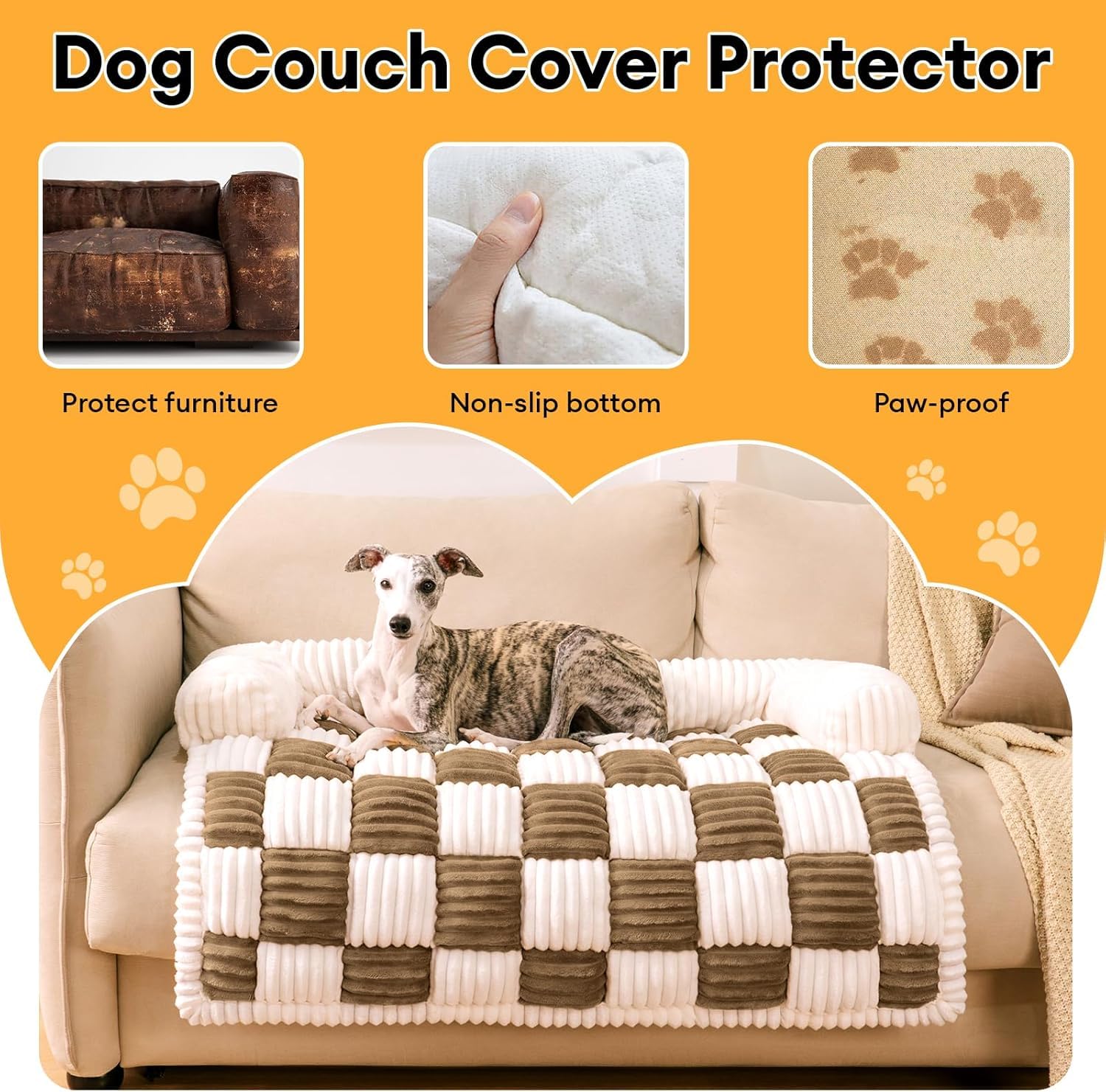 Funny Fuzzy Pet Couch Covers For Sofa, Large Dog Couch Bed Cover Cream Square Plaid Washable Pet Mat For Furniture Protector Sof