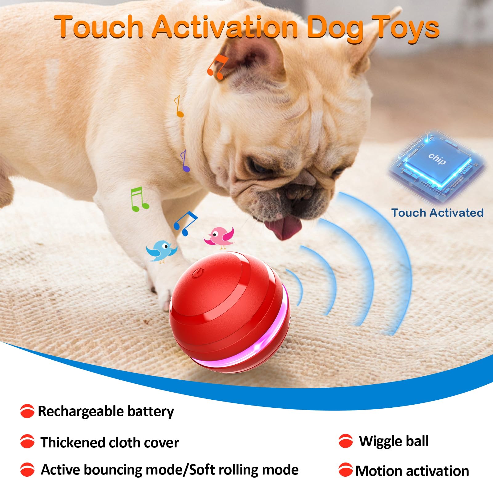 Salodal Interactive Dog Toys Motion Activated Dog Rolling Ball,Squeaky Dog Toys To Keep Them Busy,Rechargeable Electric Peppy Pe