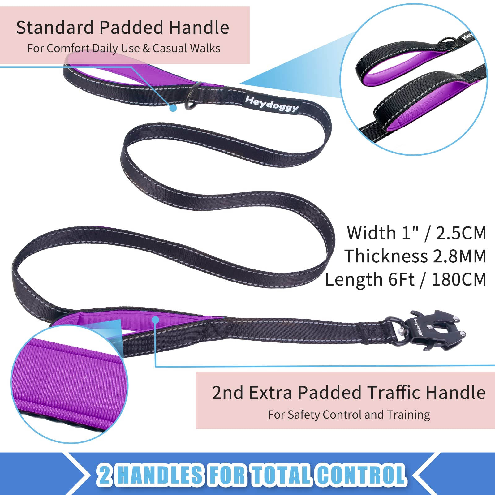 Strong Heavy Duty Dog Leash - 6Ft Reflective Nylon Training Leash With Soft Padded Double Handle & Auto Lock Frog Clip - Safety