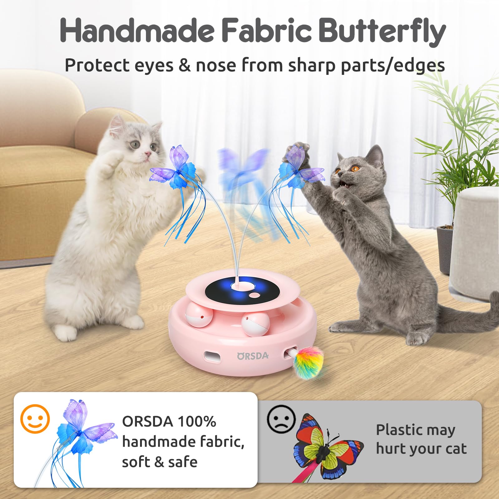 Orsda Cat Toy, 3-In-1 Automatic Interactive Electronic Moving Ambush Feather, Fluttering Butterfly, Track Balls, Usb Rechargeabl