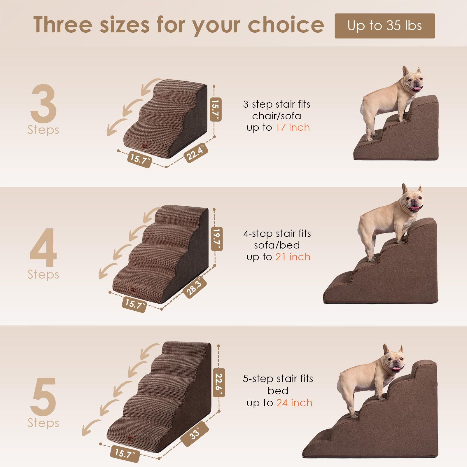 Eheyciga Curved Dog Stairs Ramp For High Beds 19.7' H, 4-Step Dog Steps For Small Dogs And Cats, Pet Stairs For High Bed Climbing, Non-Slip Balanced Pet Step Indoor, Brown