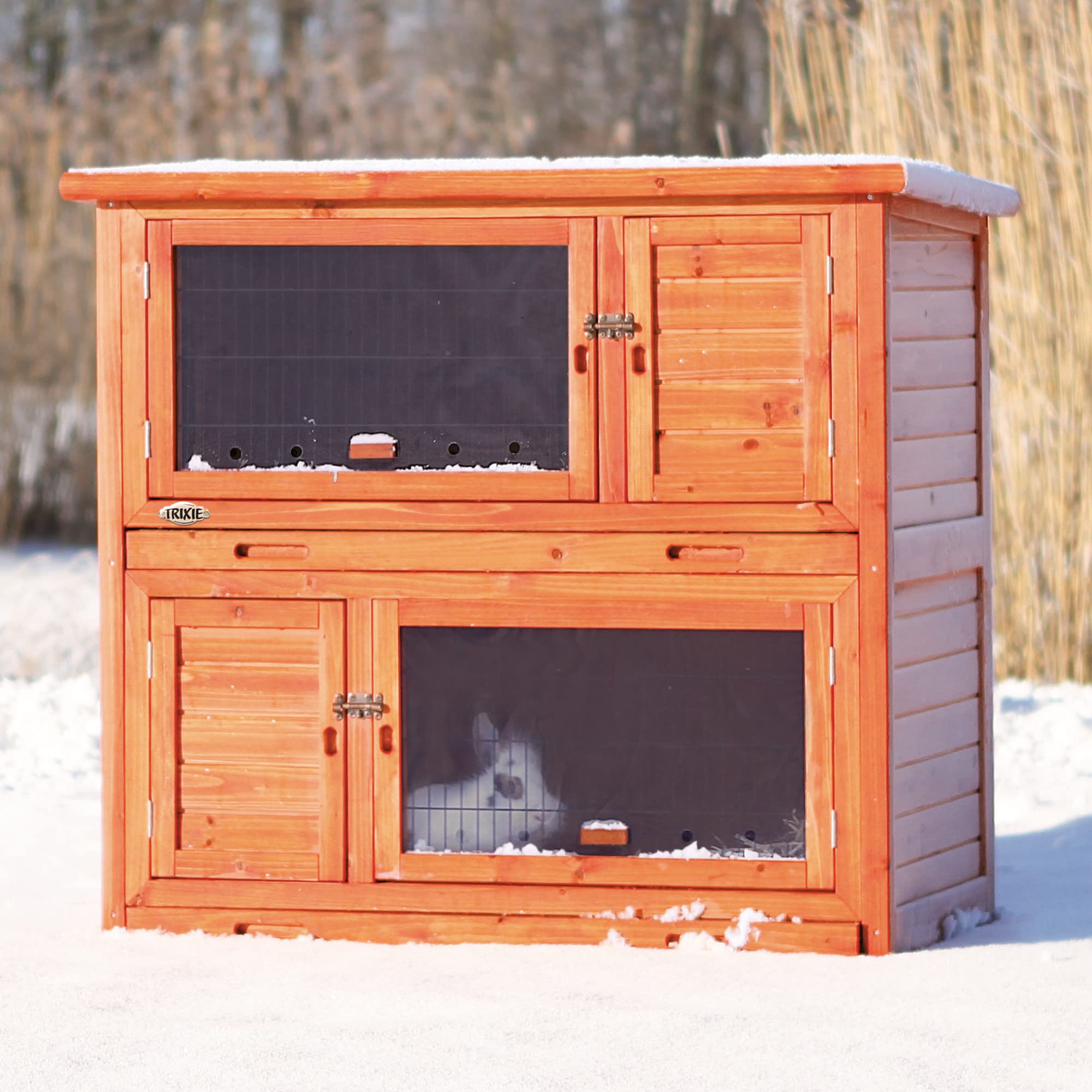 Trixie Natura Insulated Rabbit Hutch, 2-Story Outdoor Bunny House, Small Animal Hutch With Ramp, Removable Window Panes, Ideal S