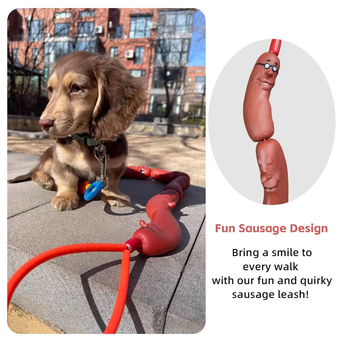 Manon Rosa Sausage Leash Hot Dog Walking Gear - Durable Rubber Wiener Hotdog Leash - Playful Pet Chew Toy For Small Dogs & Puppi