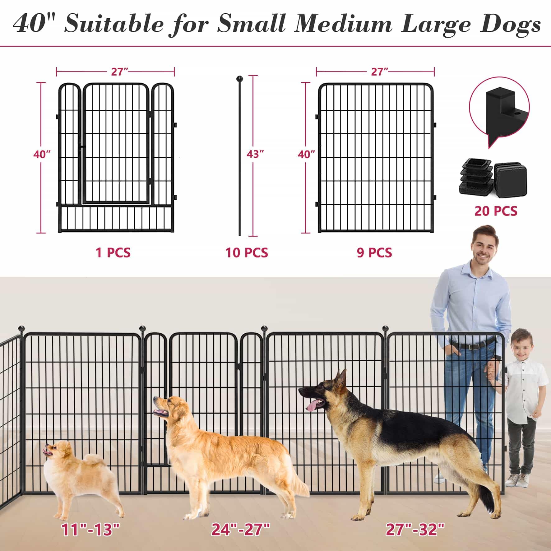 Jhsomdr Dog Playpen 40 inch 10 Panels Indoor Dog Pen for Large/Medium/Small Dogs Heavy Duty Metal Dog Fence Outdoor for Yard, Pu